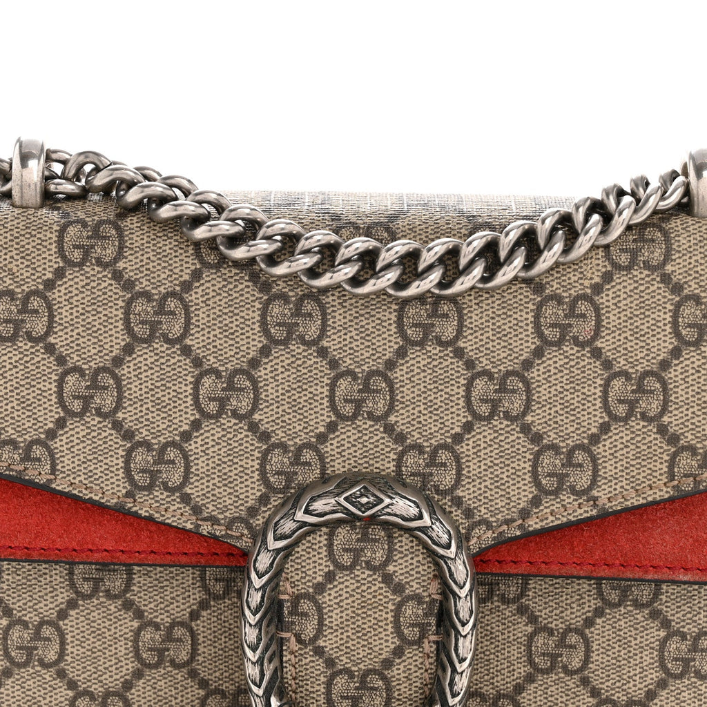 Gucci GG Supreme Monogram Suede Mini Dionysus Shoulder Bag Beige Ebony Vulcanic Red