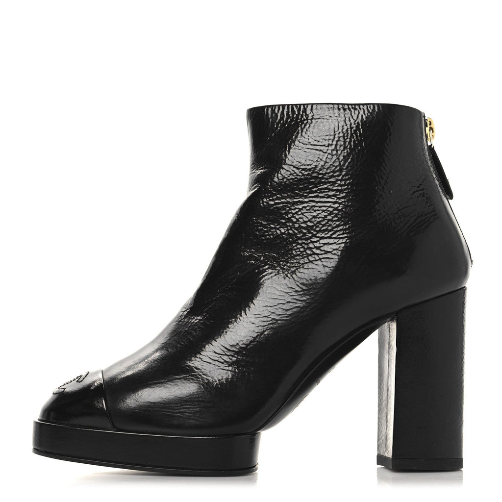 Chanel Shiny Crumpled Calfskin CC Cap Toe Ankle Boots 35.5 Black