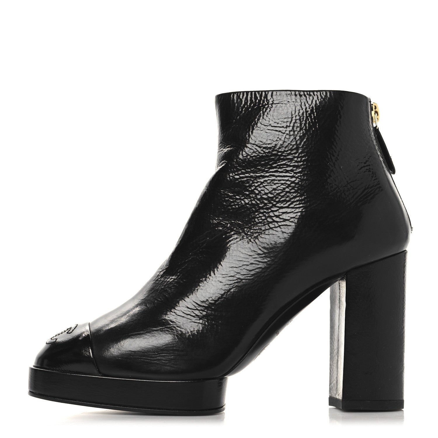 Chanel Shiny Crumpled Calfskin CC Cap Toe Ankle Boots 35.5 Black