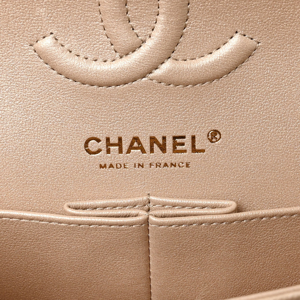 Chanel Metallic Caviar Quilted Small Double Flap Beige
