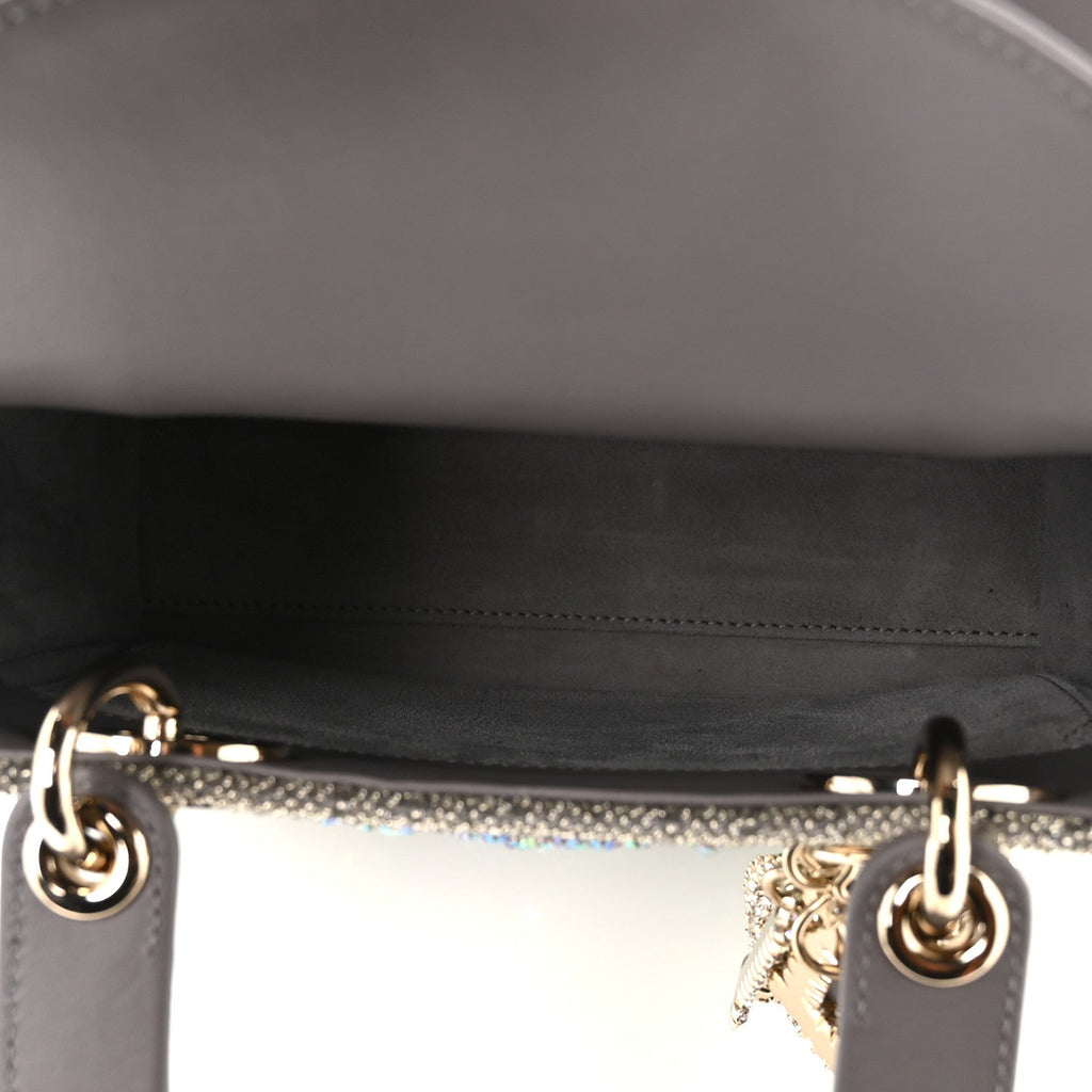 Christian Dior Calfskin Satin Celestial Bead Embroidery Embroidered Small Lady Dior Grey Multicolor