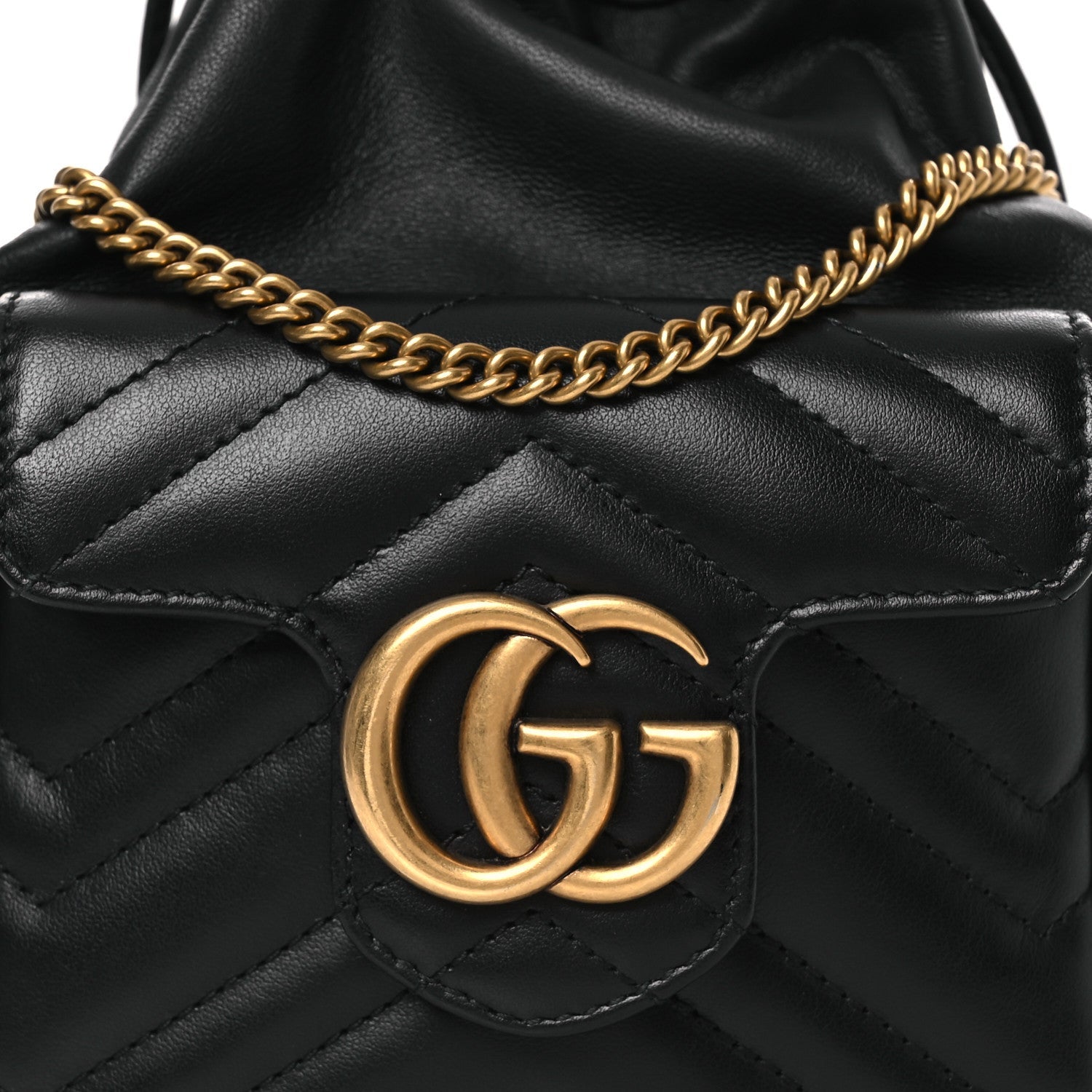 Gucci Calfskin Matelasse Front Pocket Mini GG Marmont Bucket Bag Black