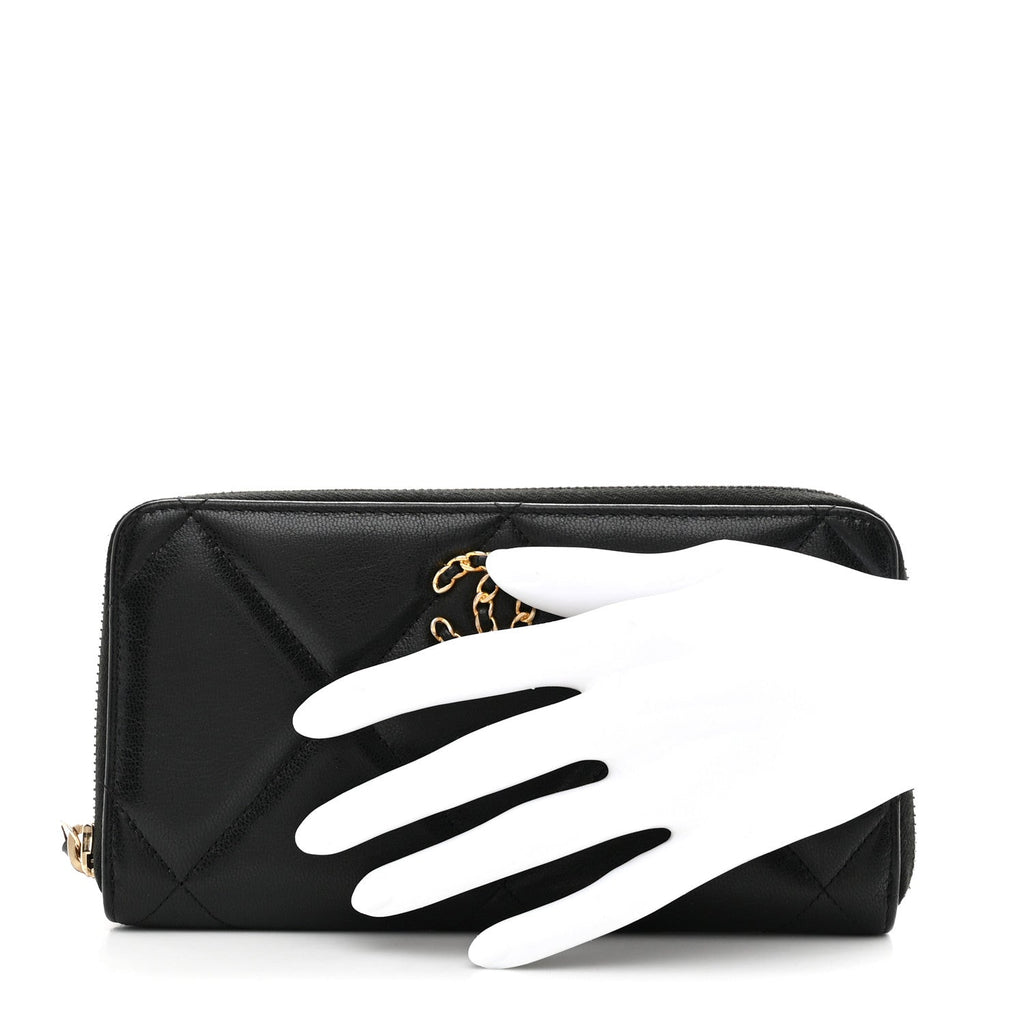 Chanel Shiny Goatskin Quilted Chanel 19 Long Zipped Around Wallet Black
