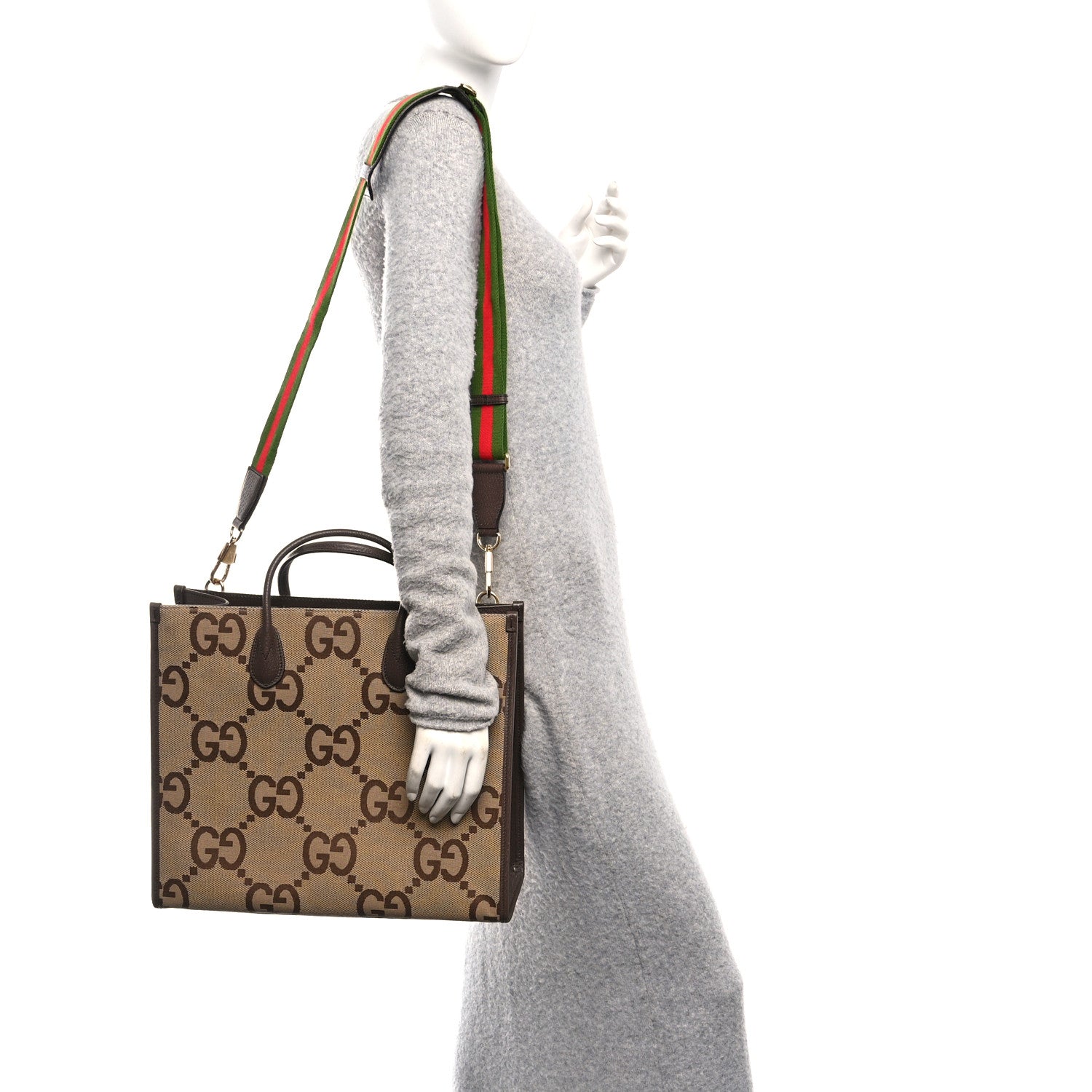 Gucci Monogram Jumbo GG Textured Dollar Calfskin Web Tote Bag Camel Ebony New Acero