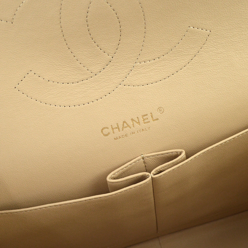 Chanel 2013-2014 Beige Caviar Classic Flap Jumbo Double Chain Shoulder Bag