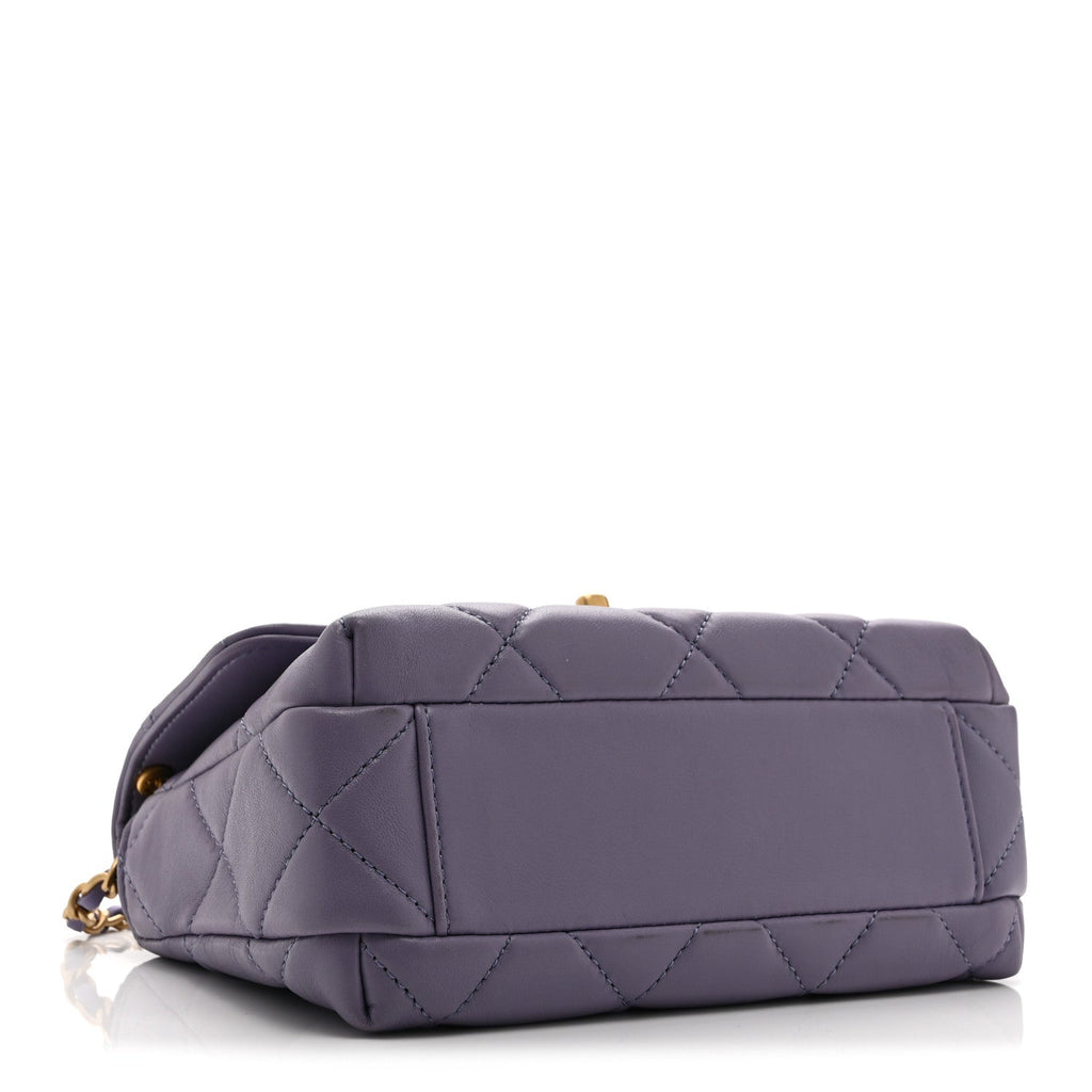 Chanel Shiny Lambskin Quilted Mini Pearl Logo Flap Light Purple