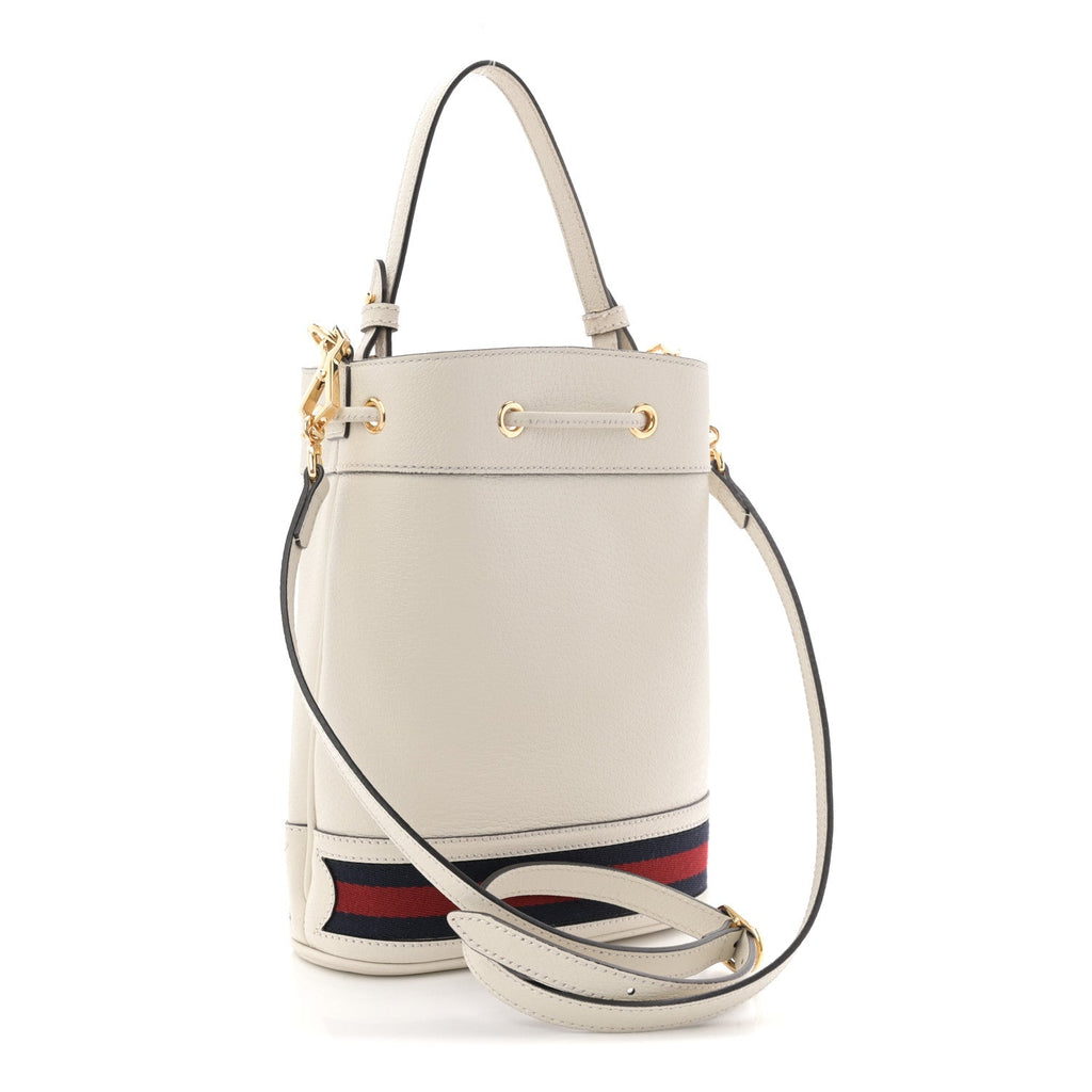 Gucci Glazed Textured Calfskin Web Small Ophidia Bucket Bag Mystic White