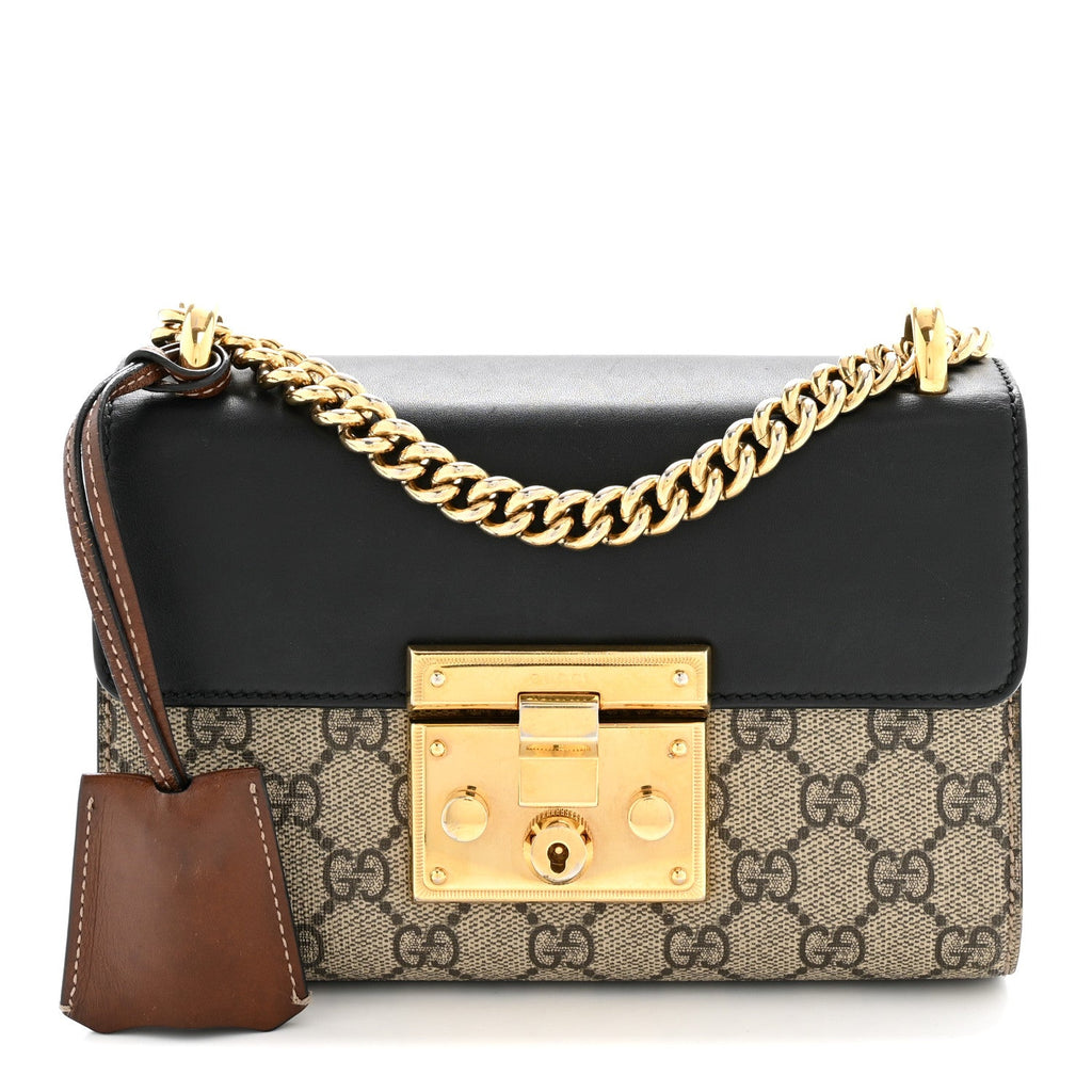Gucci GG Supreme Monogram Calfskin Small Padlock Shoulder Bag Beige Black Cuir
