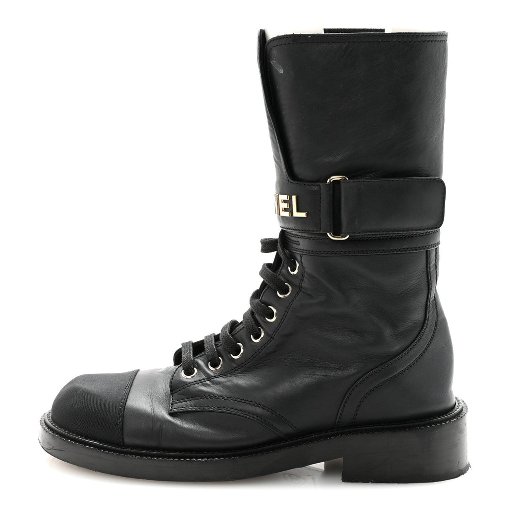 Chanel Shiny Calfskin Lace Up Combat Boots 37 Black