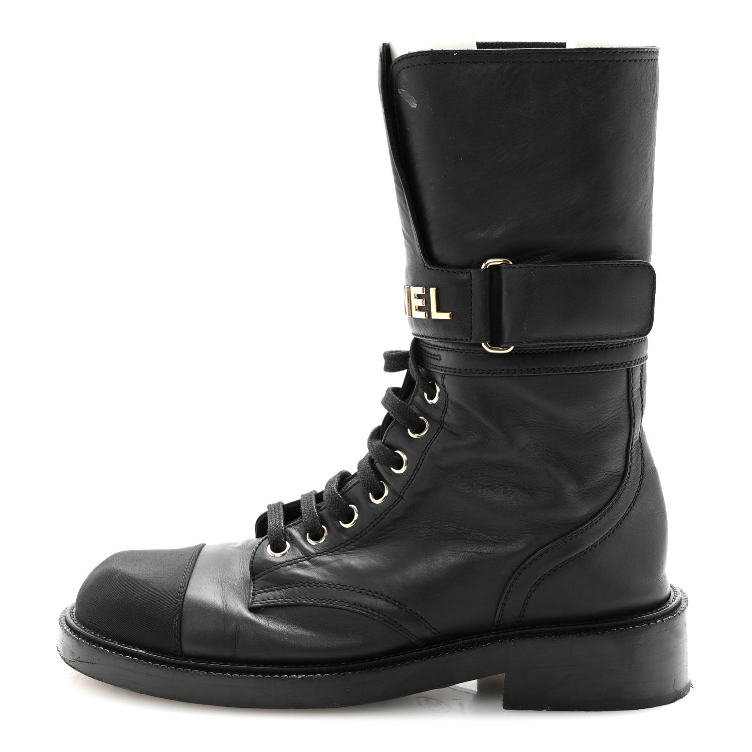 Chanel Shiny Calfskin Lace Up Combat Boots 37 Black
