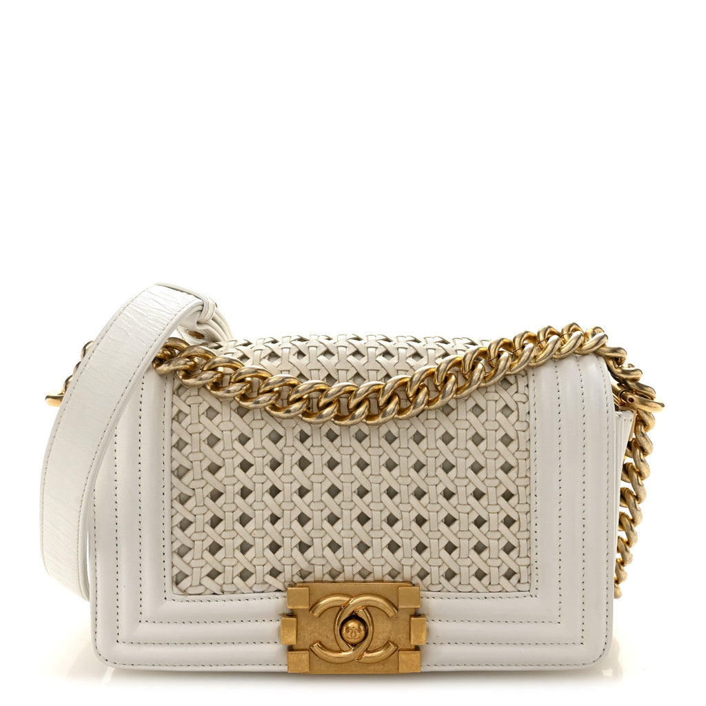 Chanel Sheepskin Braided Small Boy Reverso Flap White