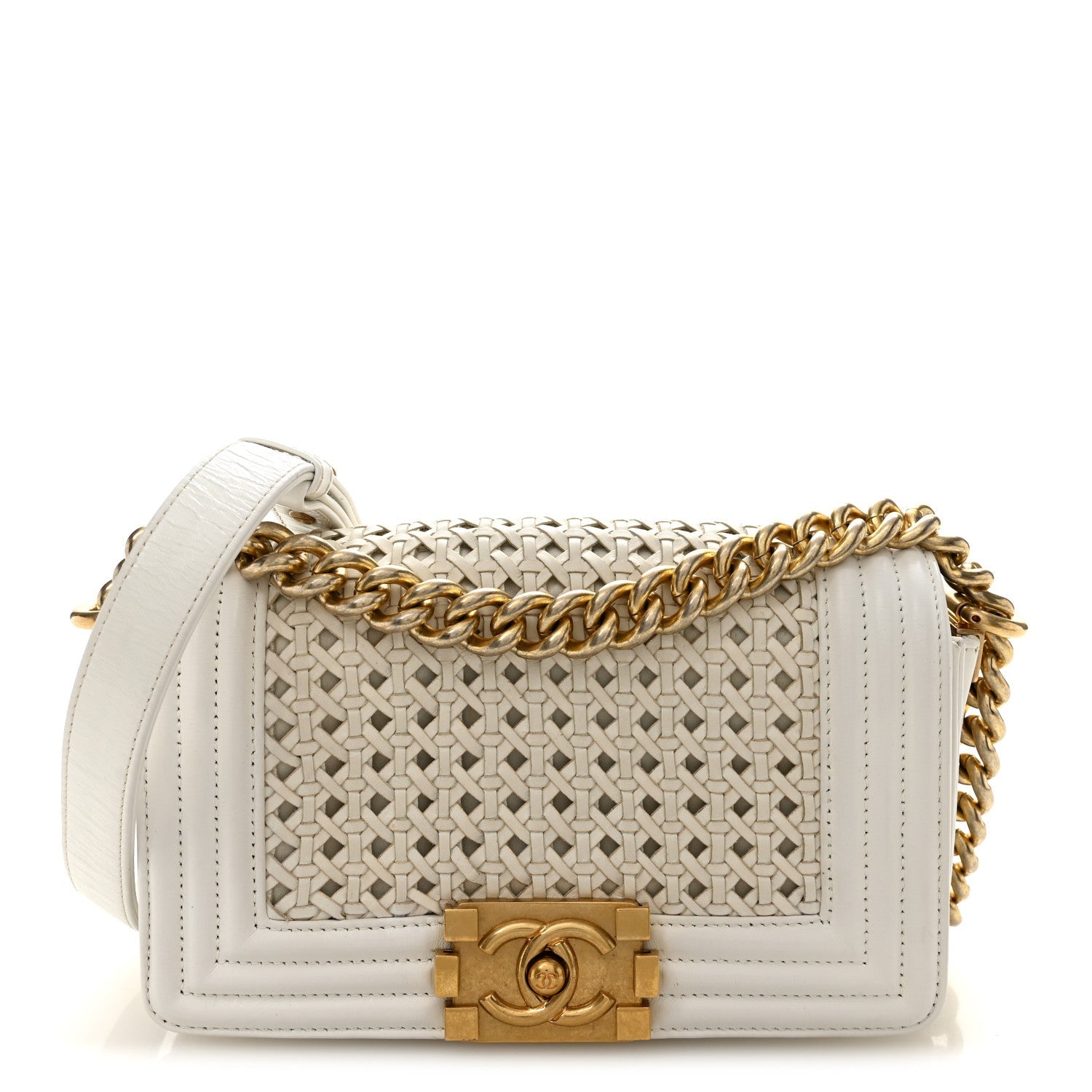 Chanel Sheepskin Braided Small Boy Reverso Flap White