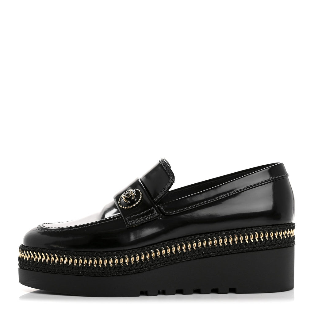 Chanel Shiny Calfskin Platform Loafers 37 Black