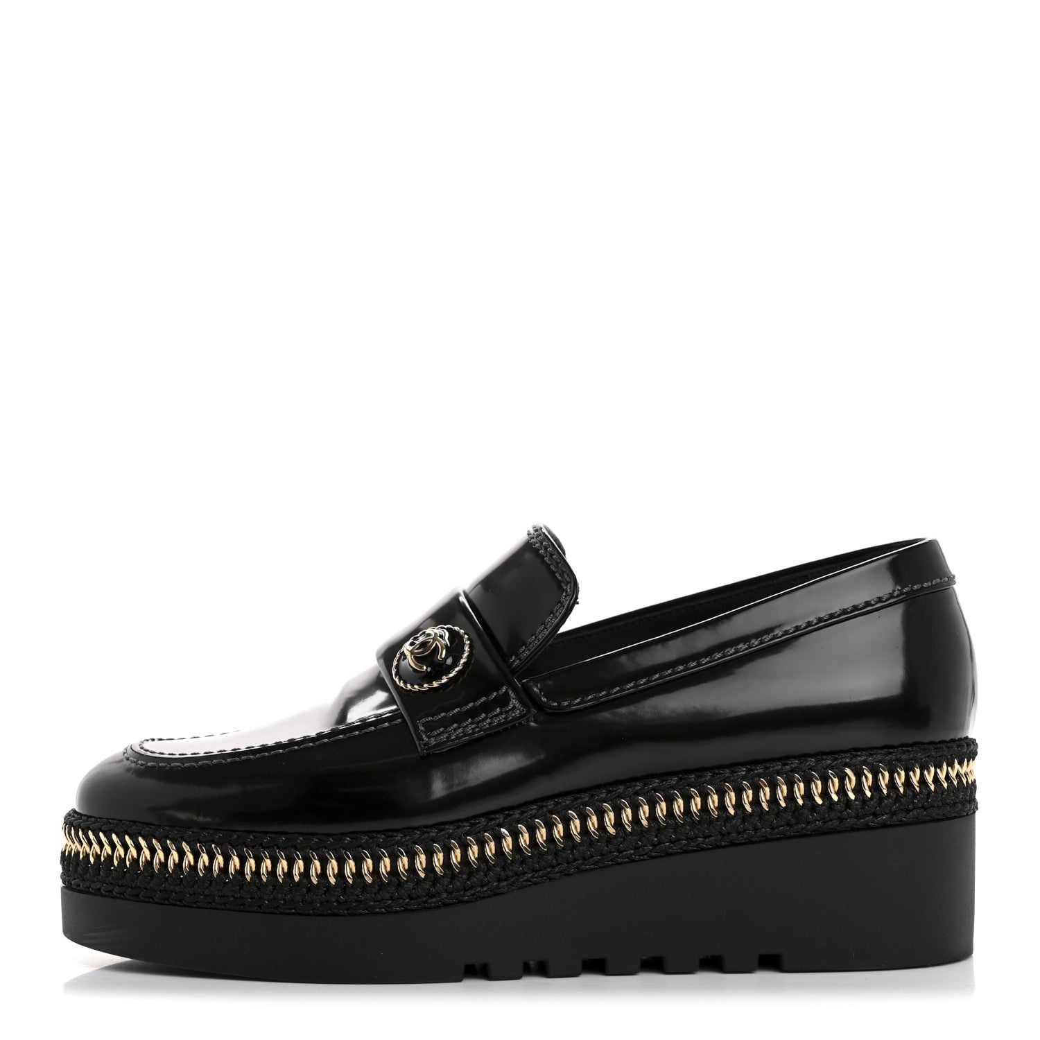 Chanel Shiny Calfskin Platform Loafers 37 Black