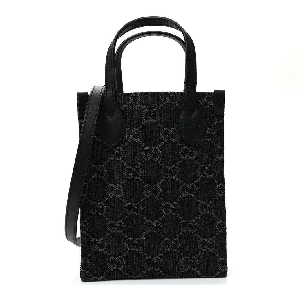 Gucci Denim Cuoio Harness GG Monogram Mini Ophidia Tote Bag Black Medium Grey