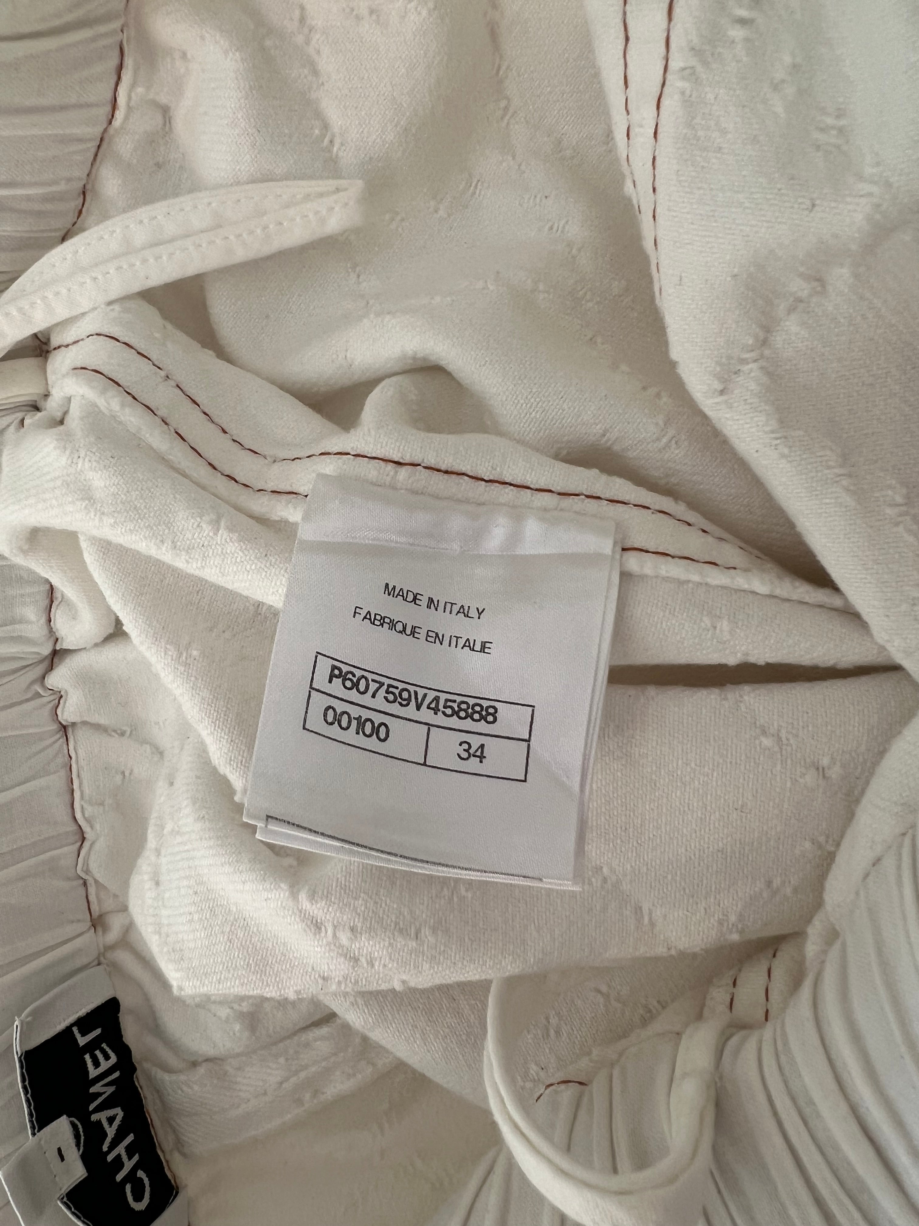 Chanel White Quilted Straight Leg Jeans with Brown Accents and Waist Ties and 31 Rue Cambon CC Logo Detail Size FR 34 (UK 6)