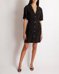 Chanel Black Short-Sleeved Mini Dress with Gathered Waist and Silver and Black Quilted CC Logo Buttons Size FR 38 (UK 10)