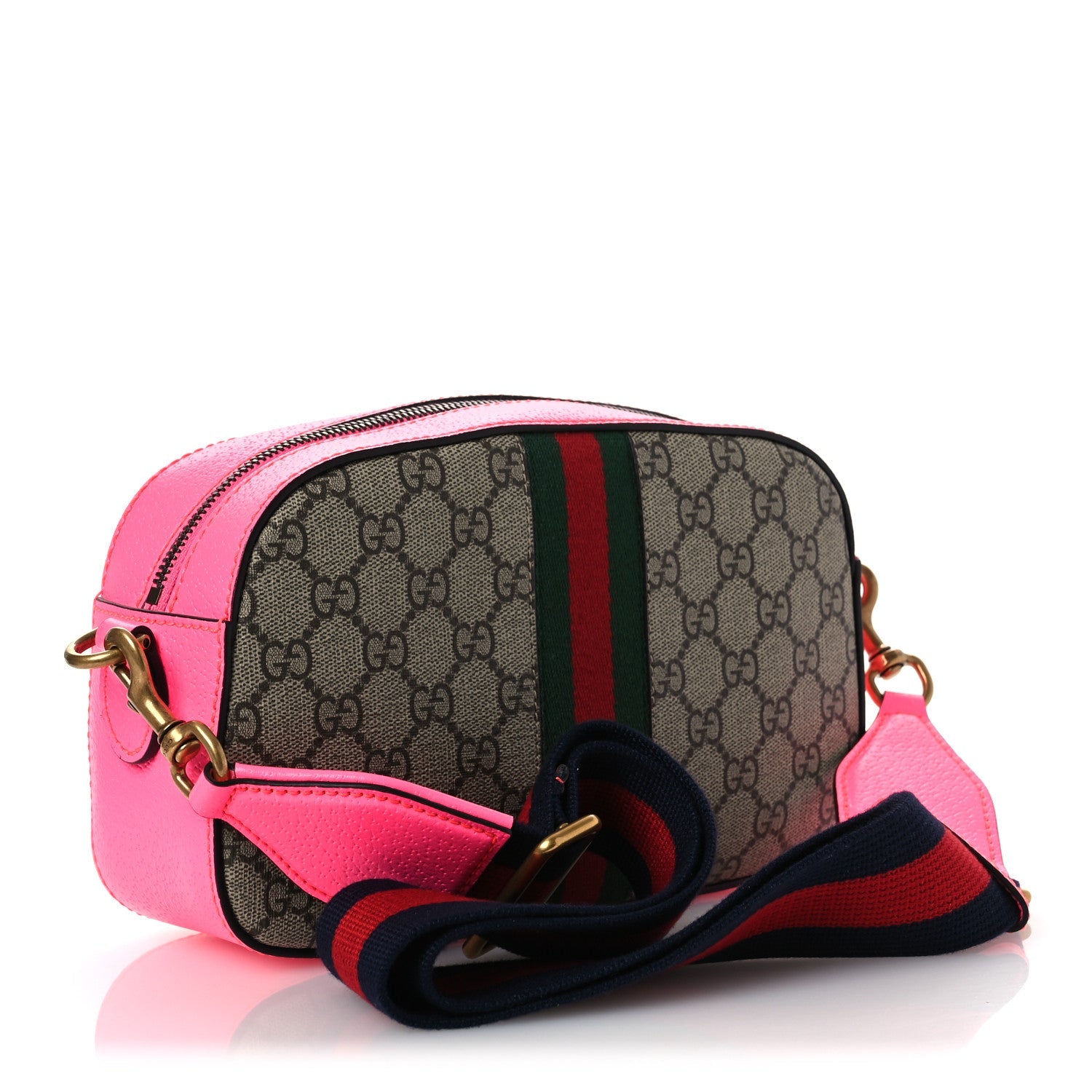 Gucci GG Supreme Monogram Textured Dollar Calfskin Web Ophidia Small Crossbody Bag Beige Ebony Fuchsia