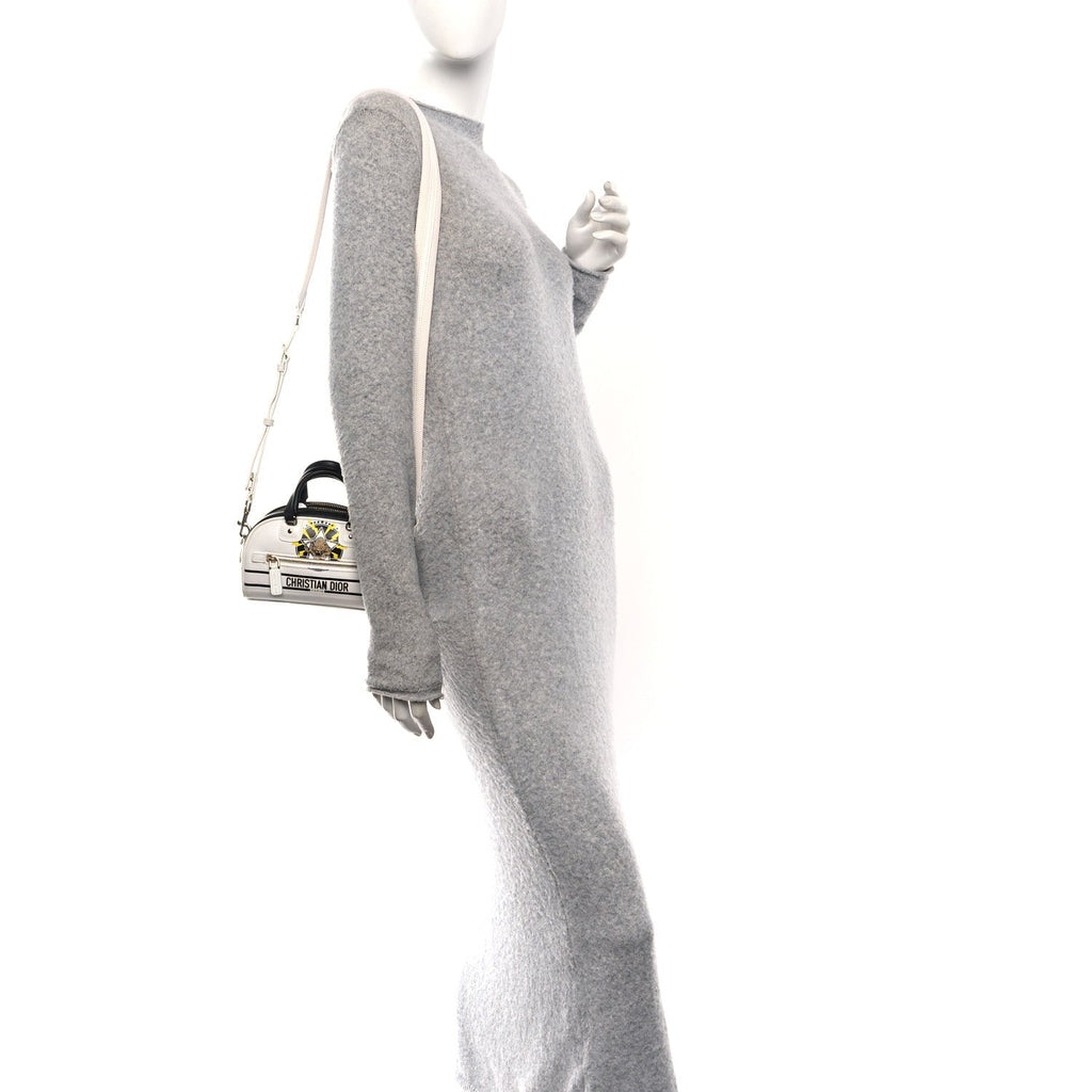 Christian Dior Calfskin Animal Print Micro Dior Vibe Zip Bowling Bag White Multicolor