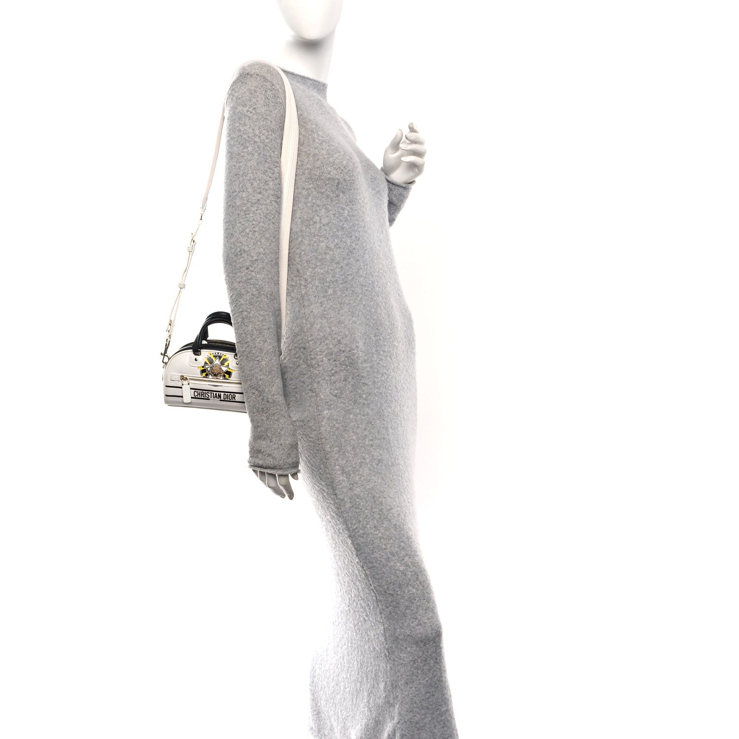 Christian Dior Calfskin Animal Print Micro Dior Vibe Zip Bowling Bag White Multicolor