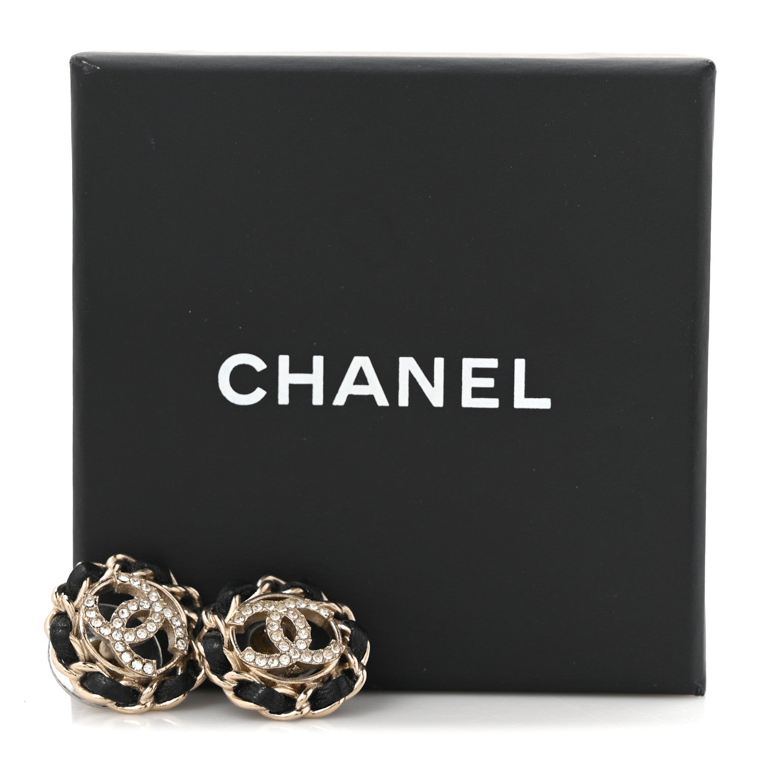 Crystal Lambskin Chain CC Stud Earrings Black Gold