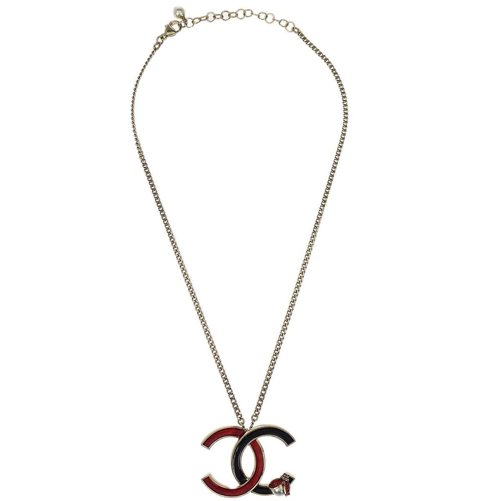 Chanel Ladybug CC Charm Gold Chain Necklace Costume Pearl 18P