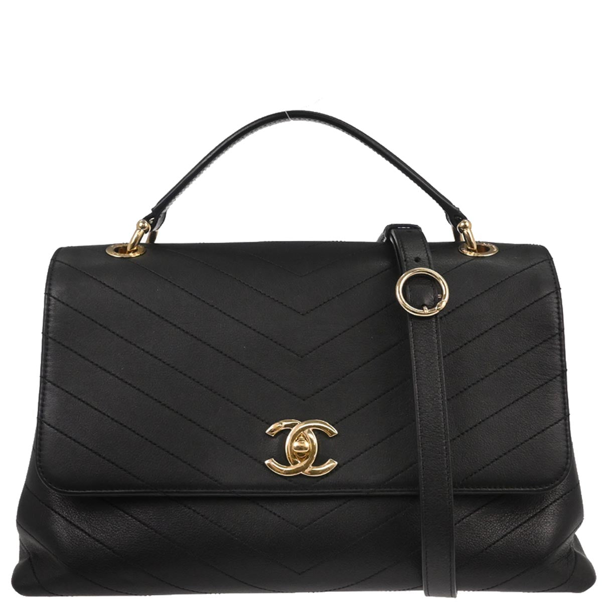 Chanel 2019 Black Calfskin Chevron 2way Shoulder Handbag