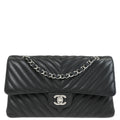 Chanel 2017 Black Lambskin Chevron Medium Classic Double Flap Shoulder Bag