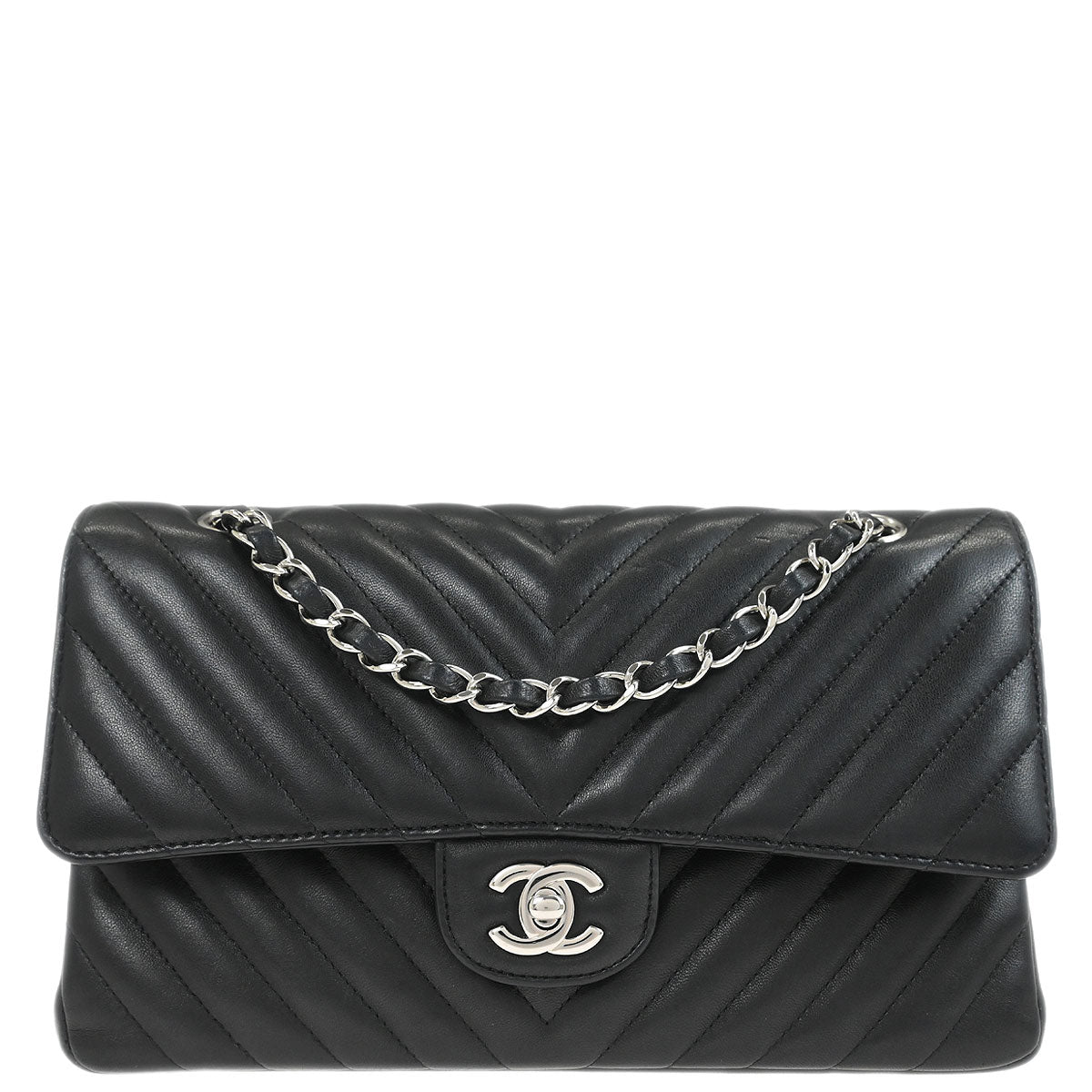 Chanel 2017 Black Lambskin Chevron Medium Classic Double Flap Shoulder Bag