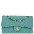 Chanel 2019 Green Caviar Skin Chevron Medium Classic Double Flap Shoulder Bag