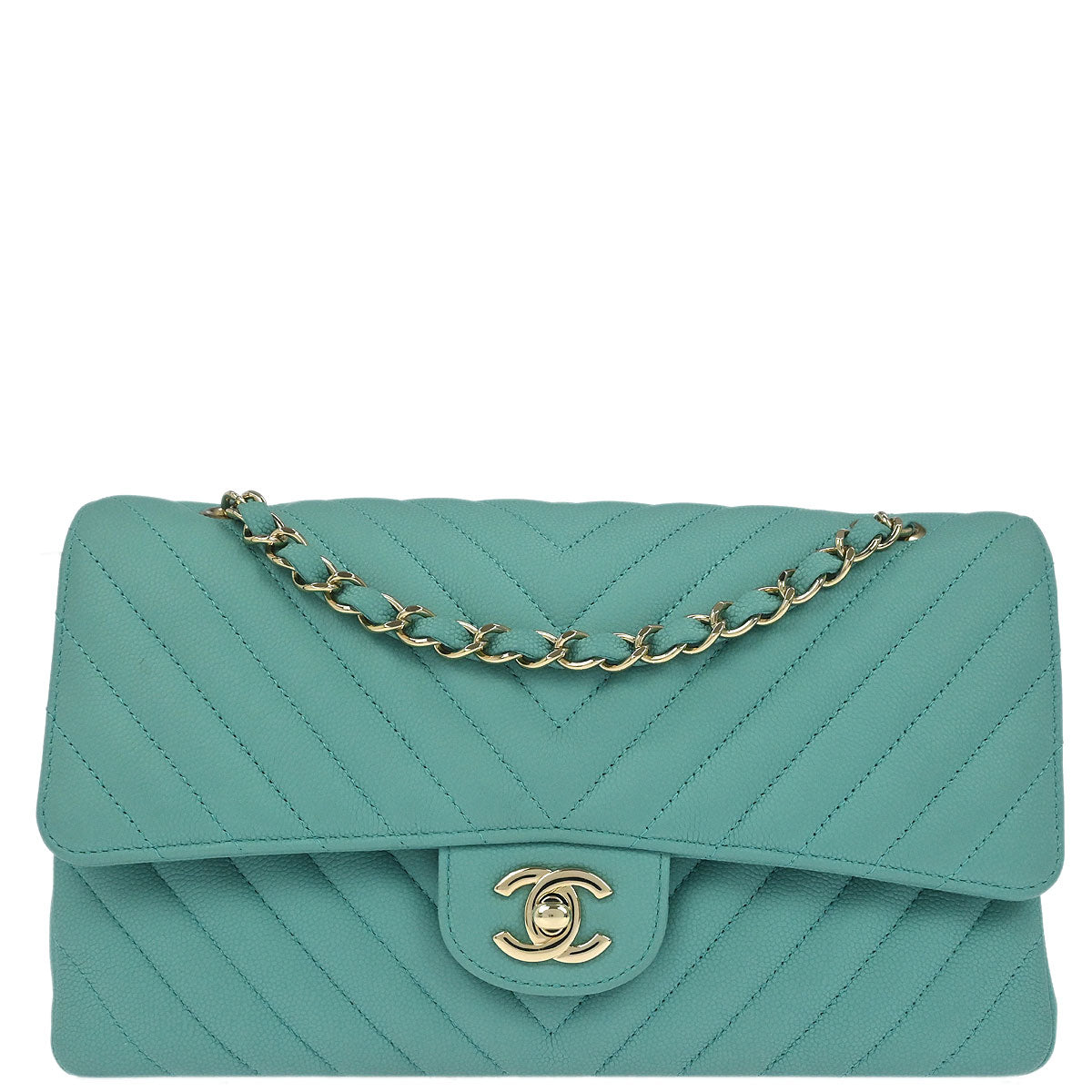 Chanel 2019 Green Caviar Skin Chevron Medium Classic Double Flap Shoulder Bag