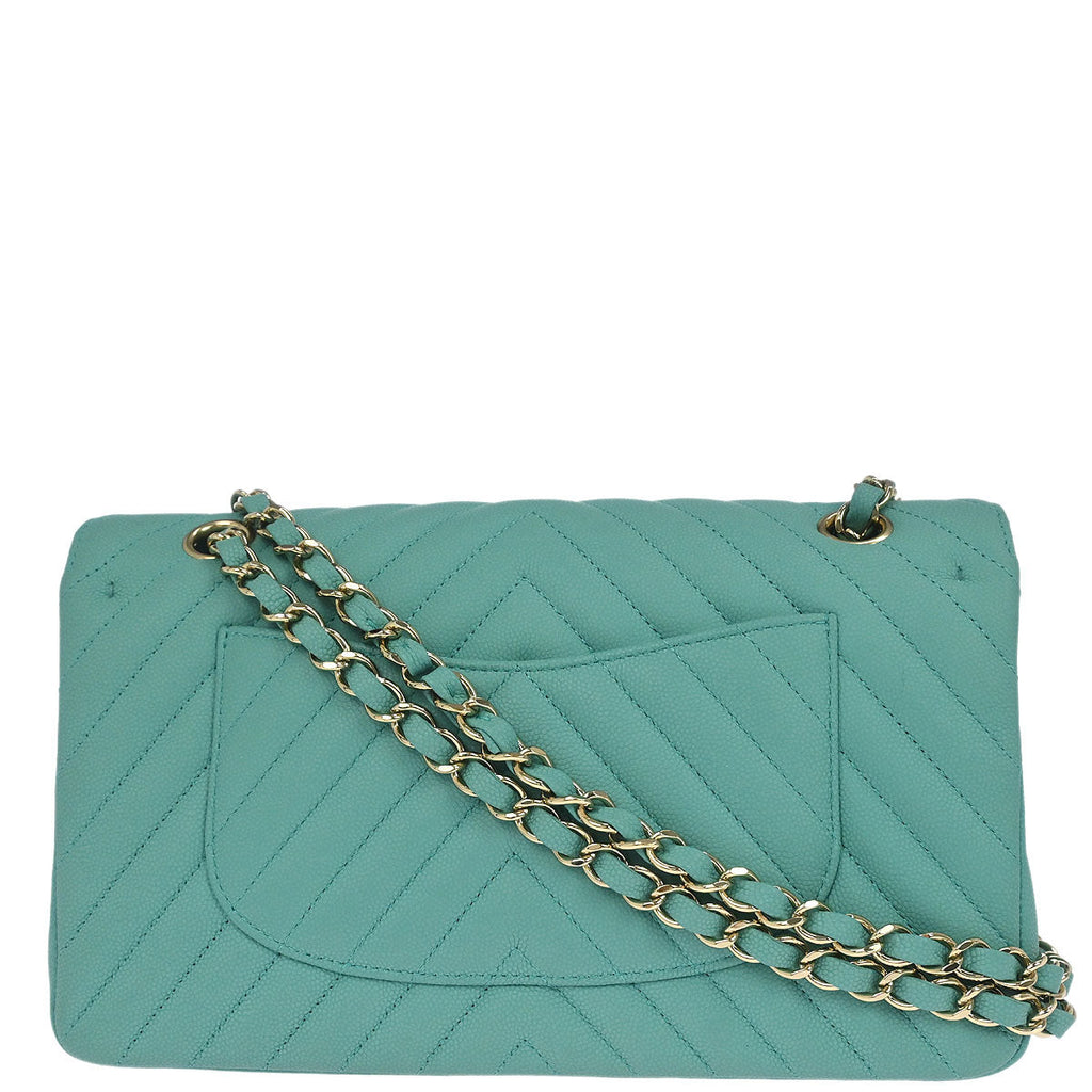 Chanel 2019 Green Caviar Skin Chevron Medium Classic Double Flap Shoulder Bag