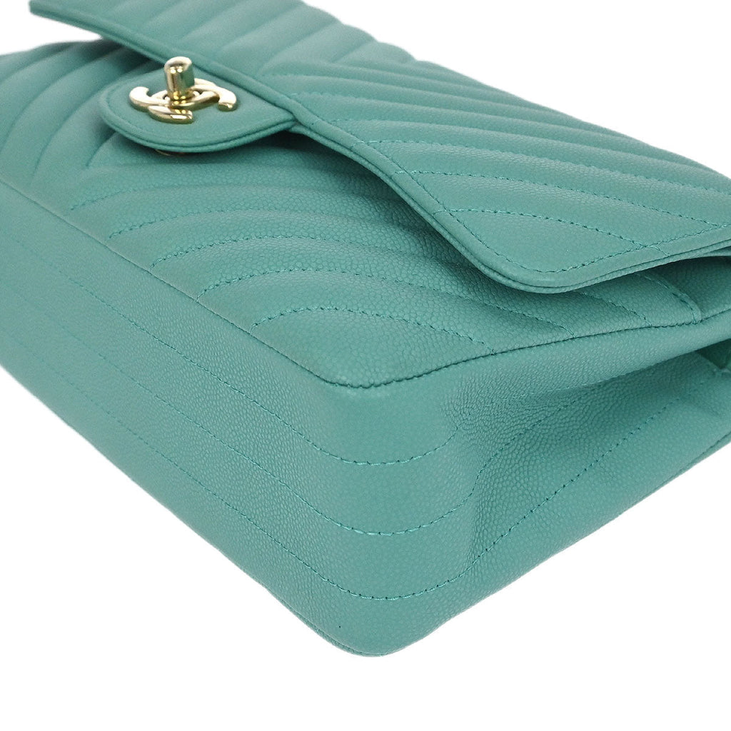 Chanel 2019 Green Caviar Skin Chevron Medium Classic Double Flap Shoulder Bag