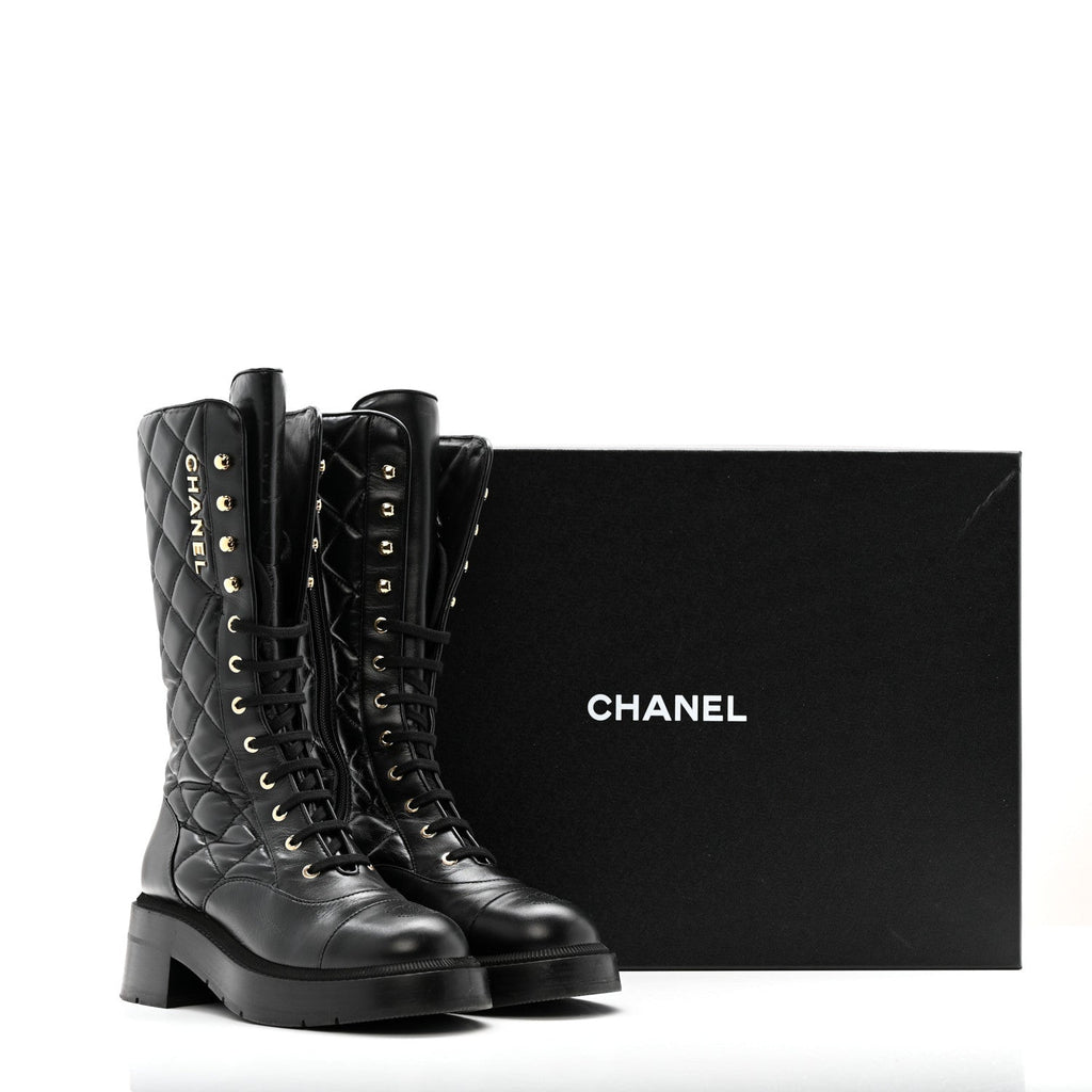 Calfskin Quilted Logo Lace Up Tall Combat Boots 37.5 Black