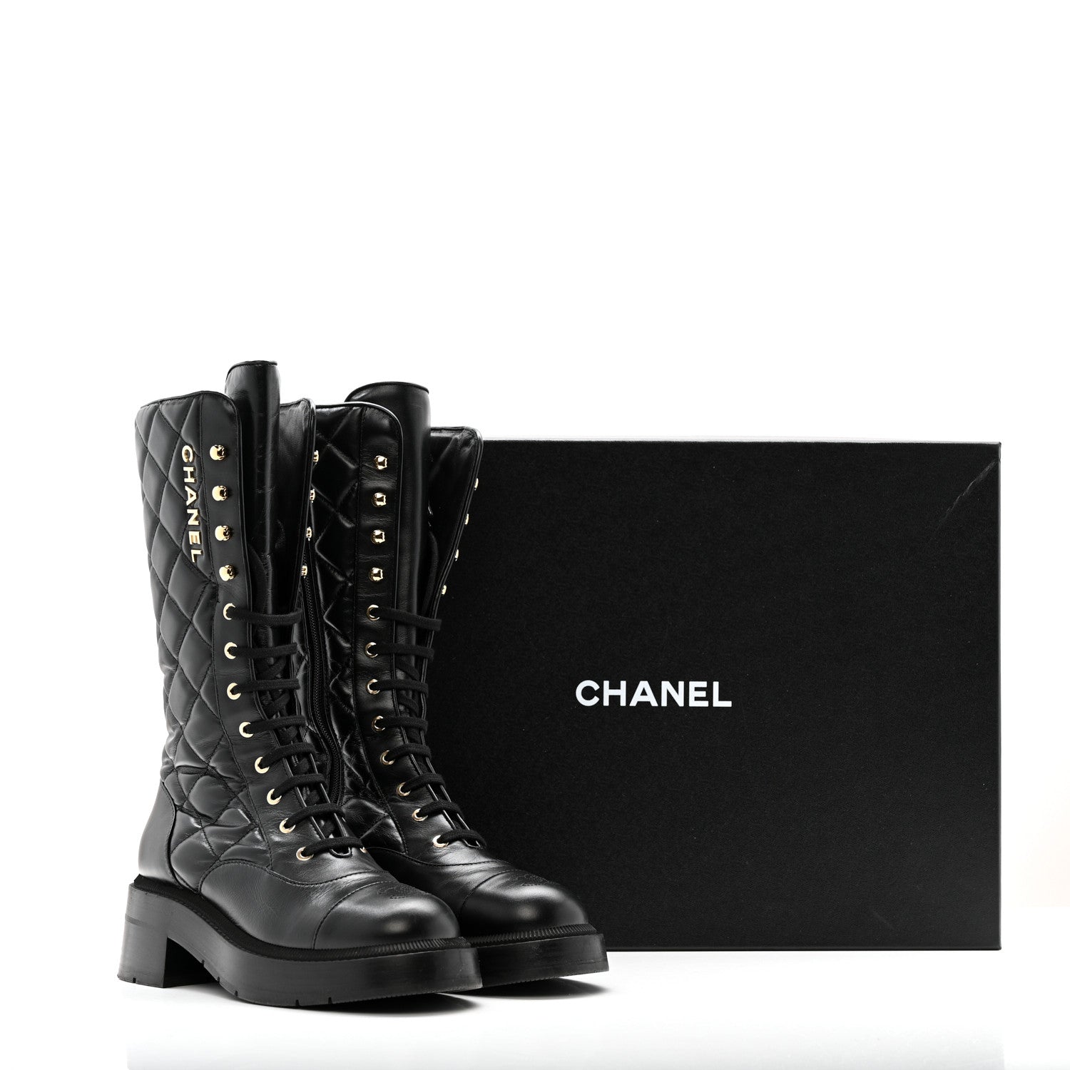Calfskin Quilted Logo Lace Up Tall Combat Boots 37.5 Black