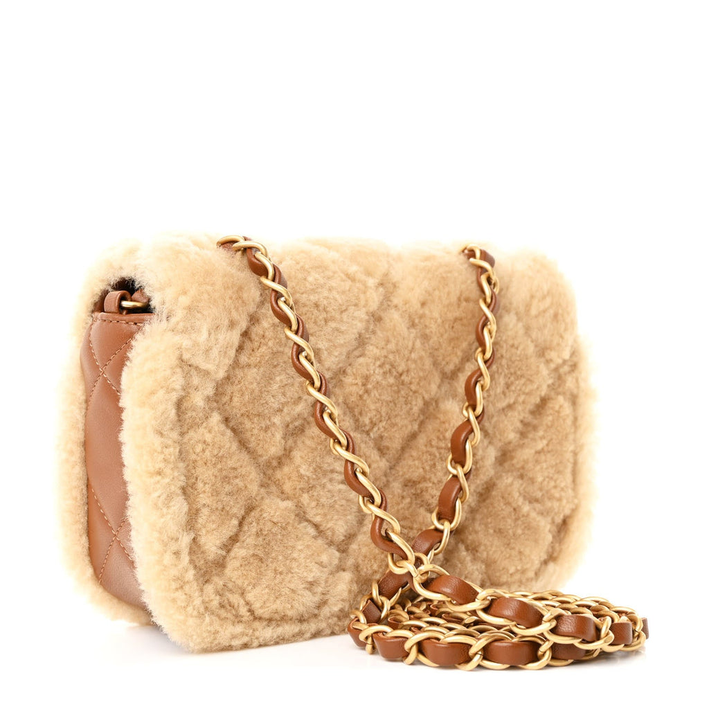 Chanel Shearling Lambskin Quilted Mini Furry Coco Flap Beige Brown