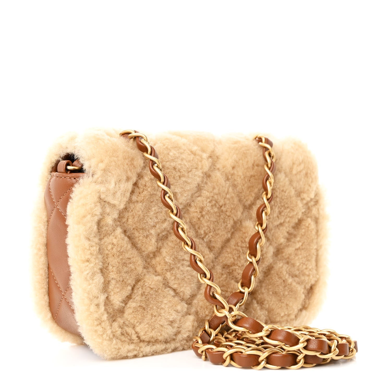 Chanel Shearling Lambskin Quilted Mini Furry Coco Flap Beige Brown