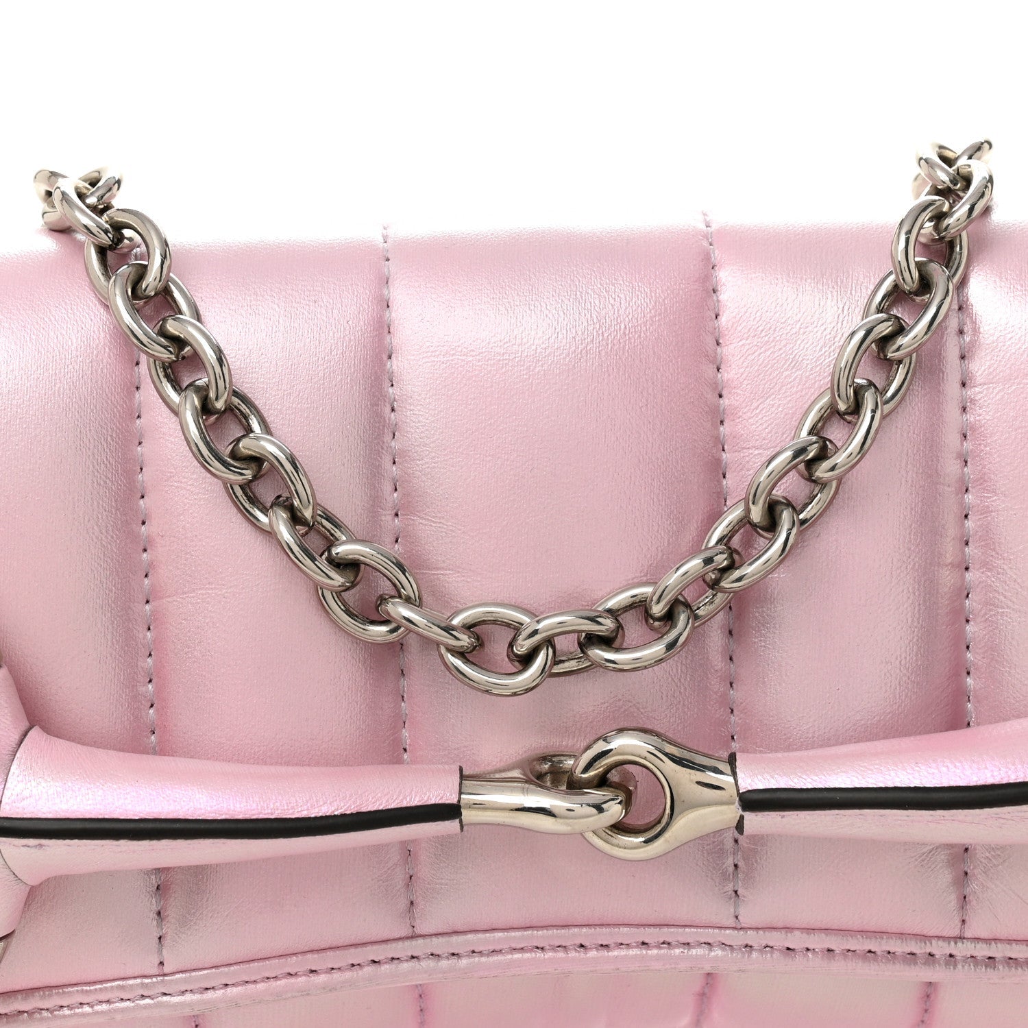 Gucci Iridescent Nappa Vertical Matelasse Medium Maxi Horsebit Chain Shoulder Bag Escape Pink