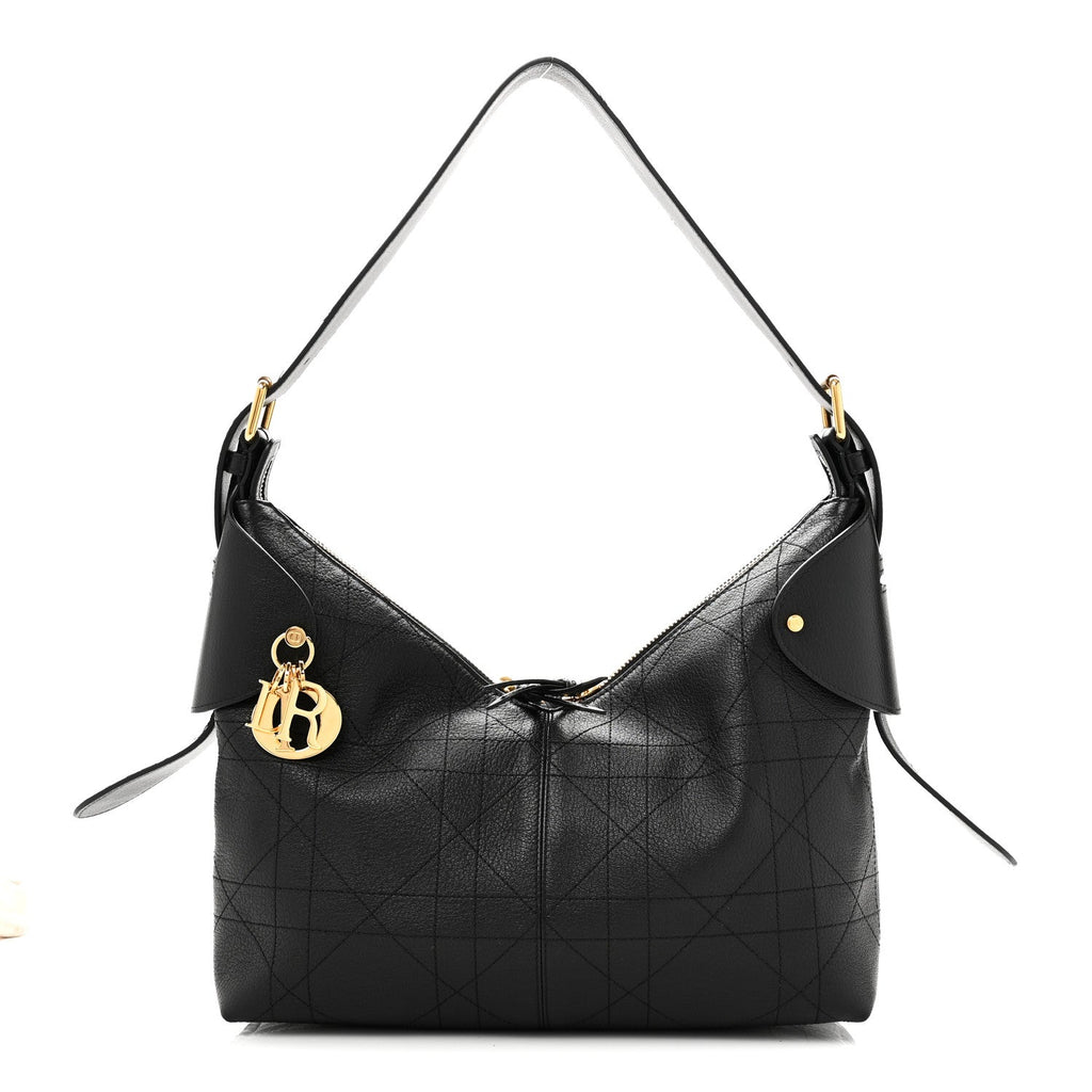 Christian Dior Grained Calfskin Flat Macrocannage Medium Voyage Bag Black