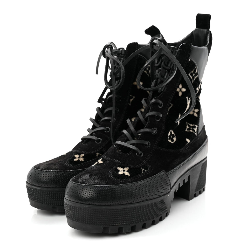 Louis Vuitton Velvet Calfskin Monogram Laureate Platform Desert Boots 40 Black White