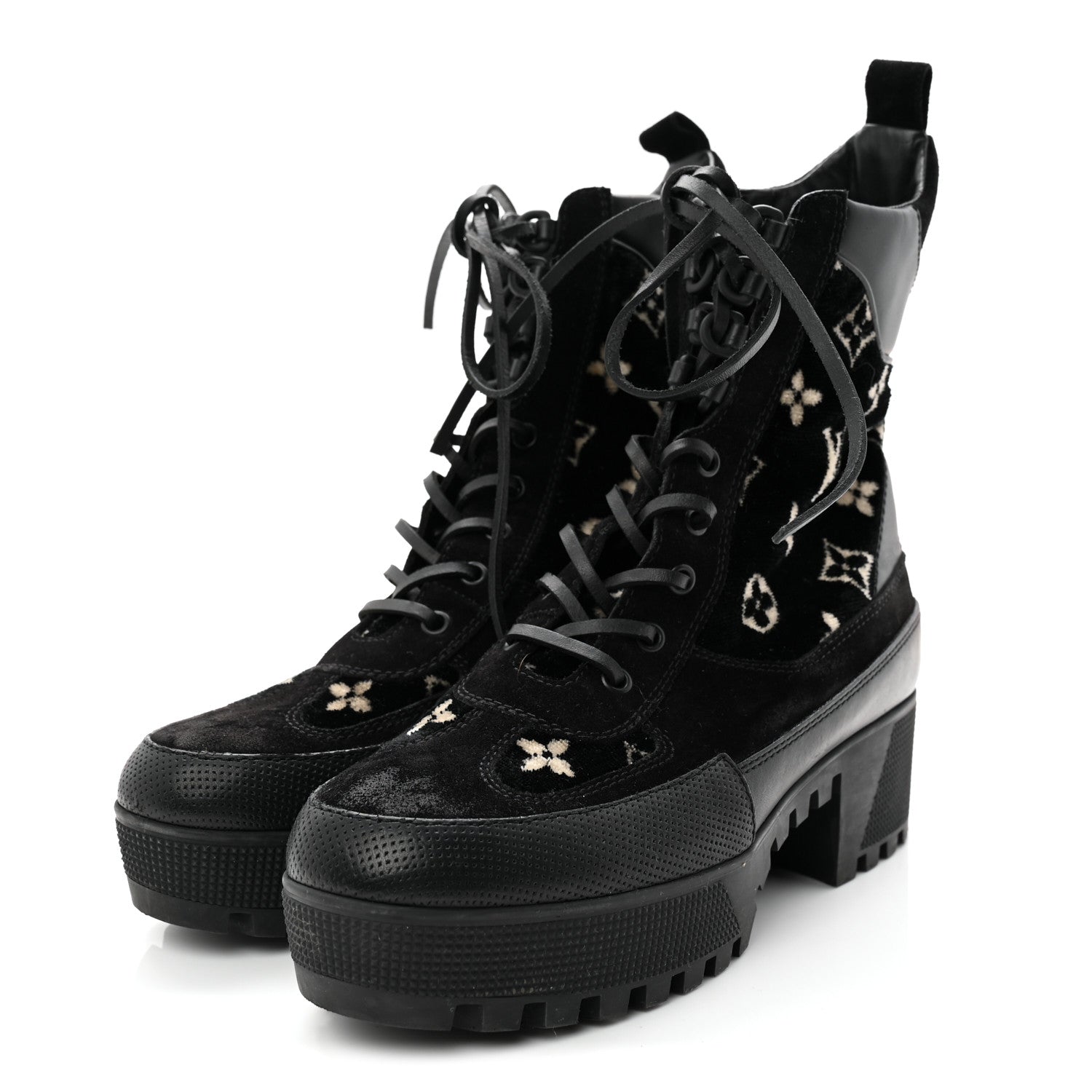 Louis Vuitton Velvet Calfskin Monogram Laureate Platform Desert Boots 40 Black White