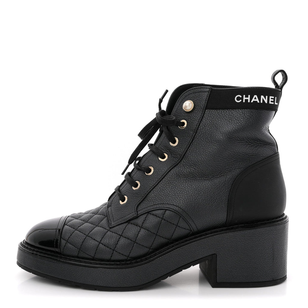 Pearly Calfskin Patent Calfskin Lace Up Combat Boots 40 Black