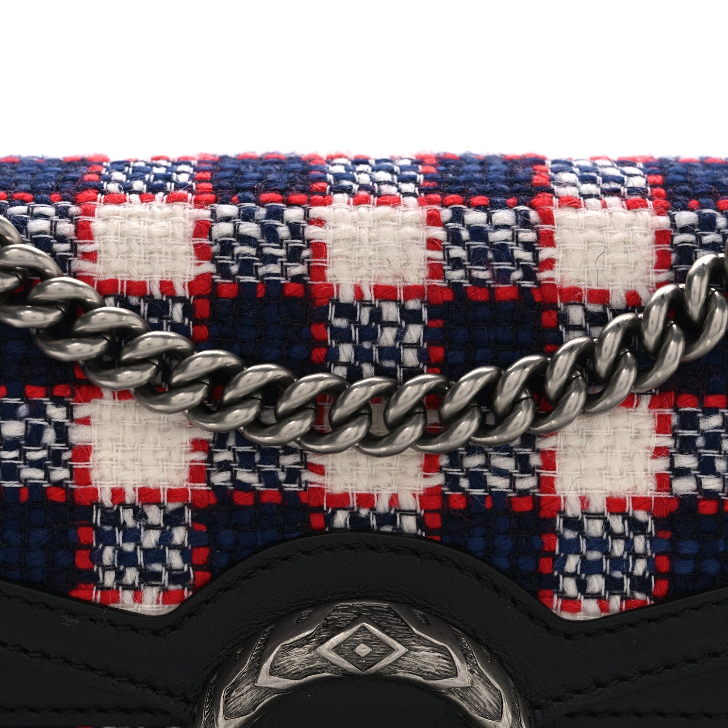 Gucci Vintage Tweed Check Small Dionysus Shoulder Bag White Hibiscus Red Marine
