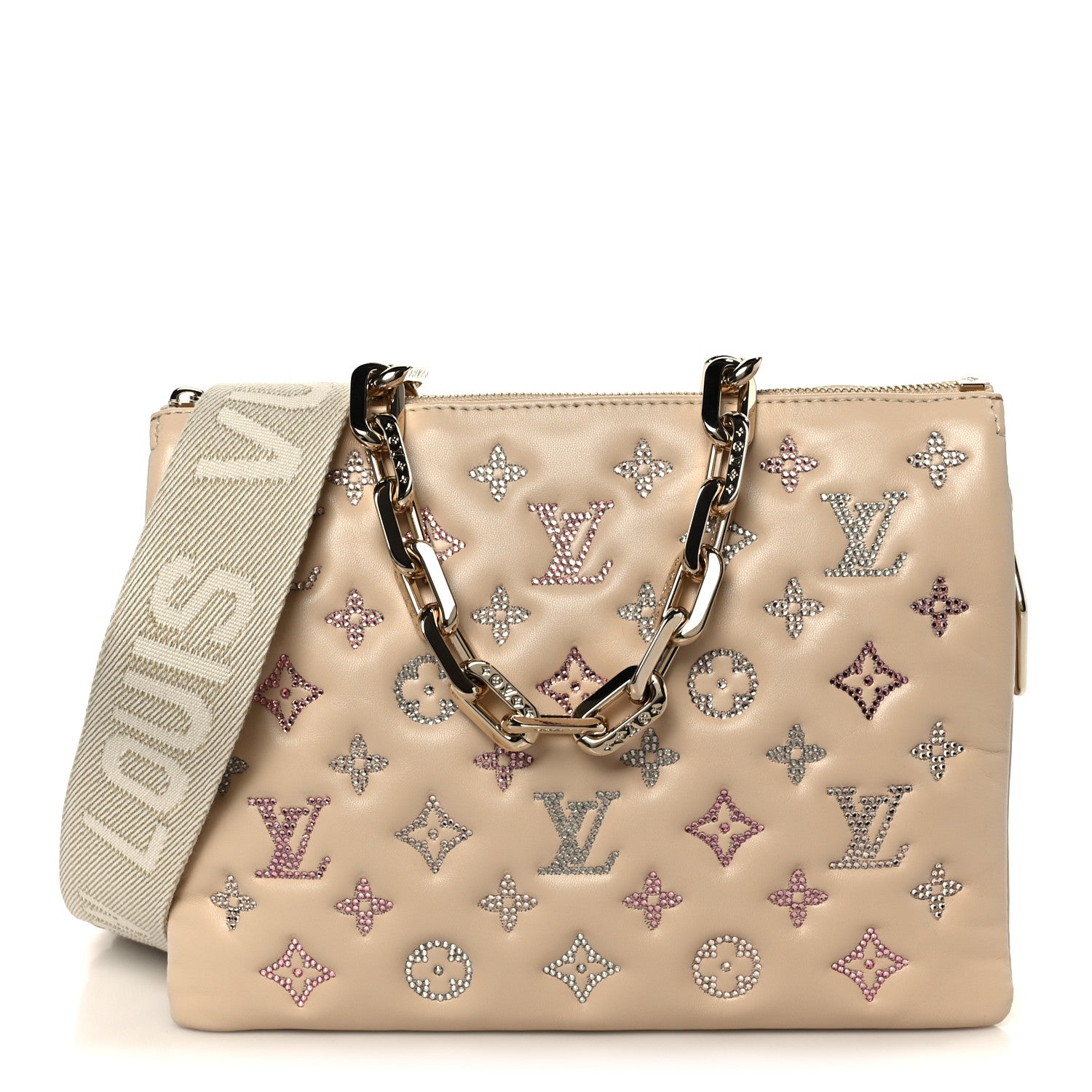 Louis Vuitton Lambskin Swarovski Crystal Embossed Monogram Coussin PM Nude