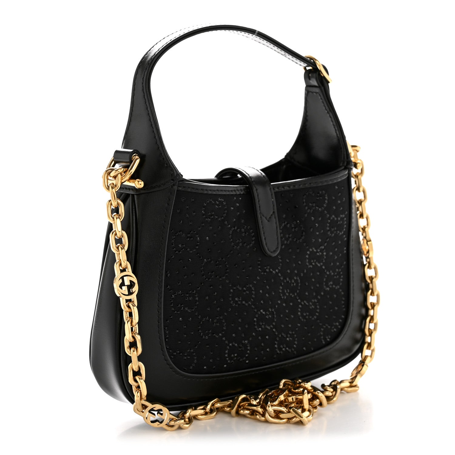 Gucci New Canvas Charisma Calfskin Crystal GG Monogram Mini Jackie 1961 Hobo Black