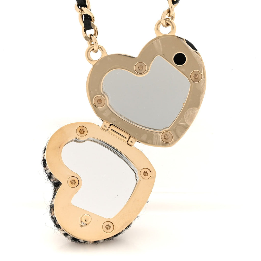 Chanel Tweed Lambskin CC Heart Locket Necklace Gold Black Beige