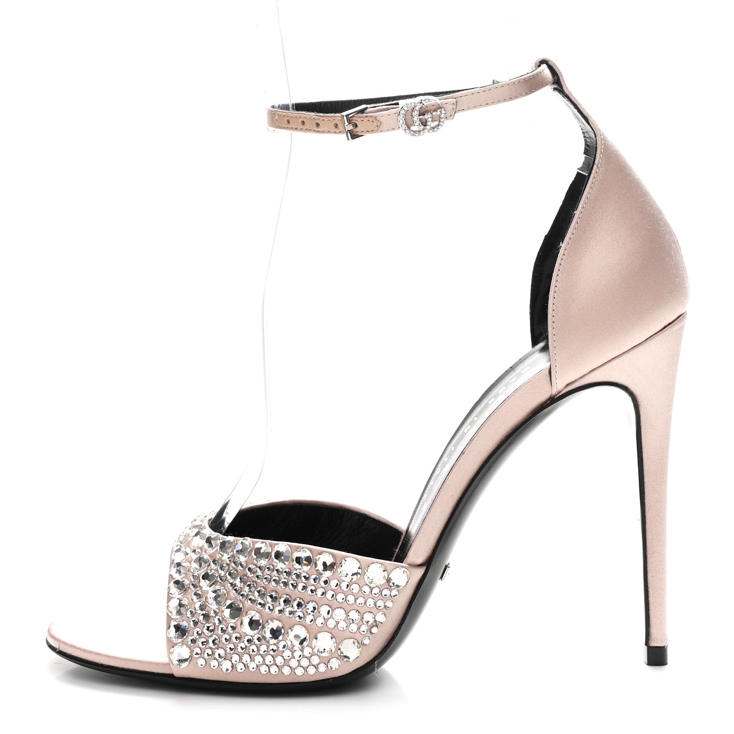 Gucci Satin Crystal Ankle Strap Sandal Pumps 39.5 Skin Rose