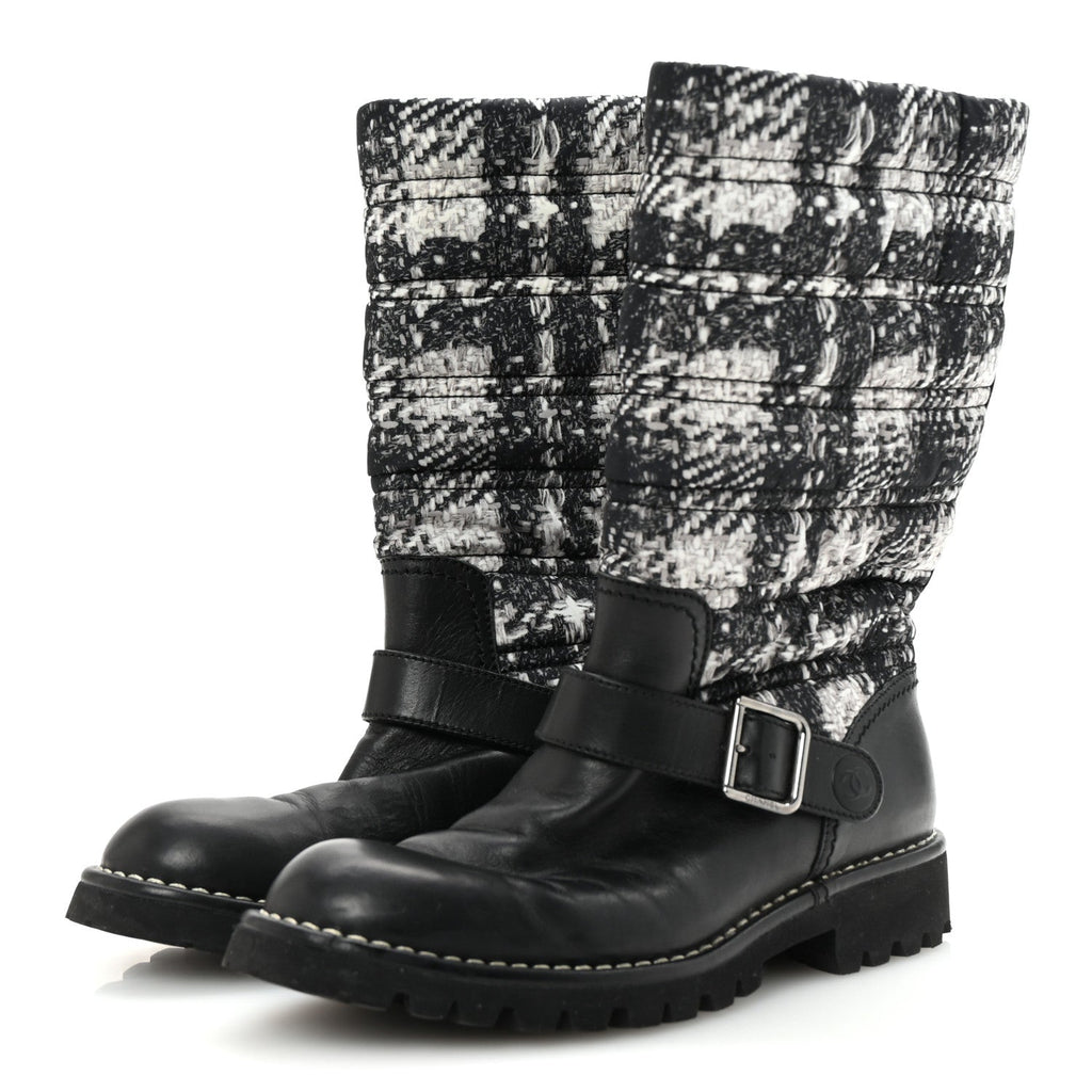 Calfskin Tweed Nylon Printed Boots 38 Black