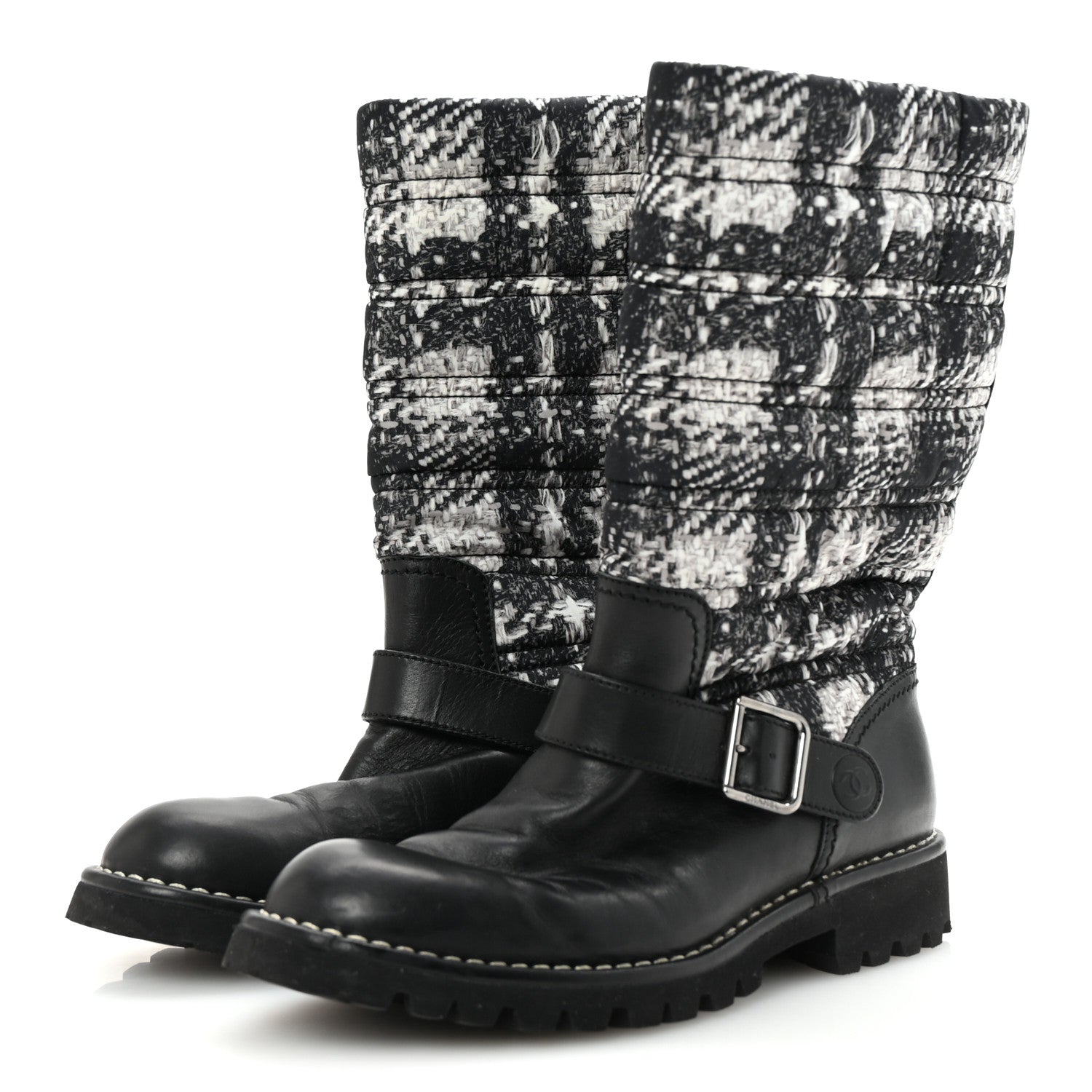 Calfskin Tweed Nylon Printed Boots 38 Black