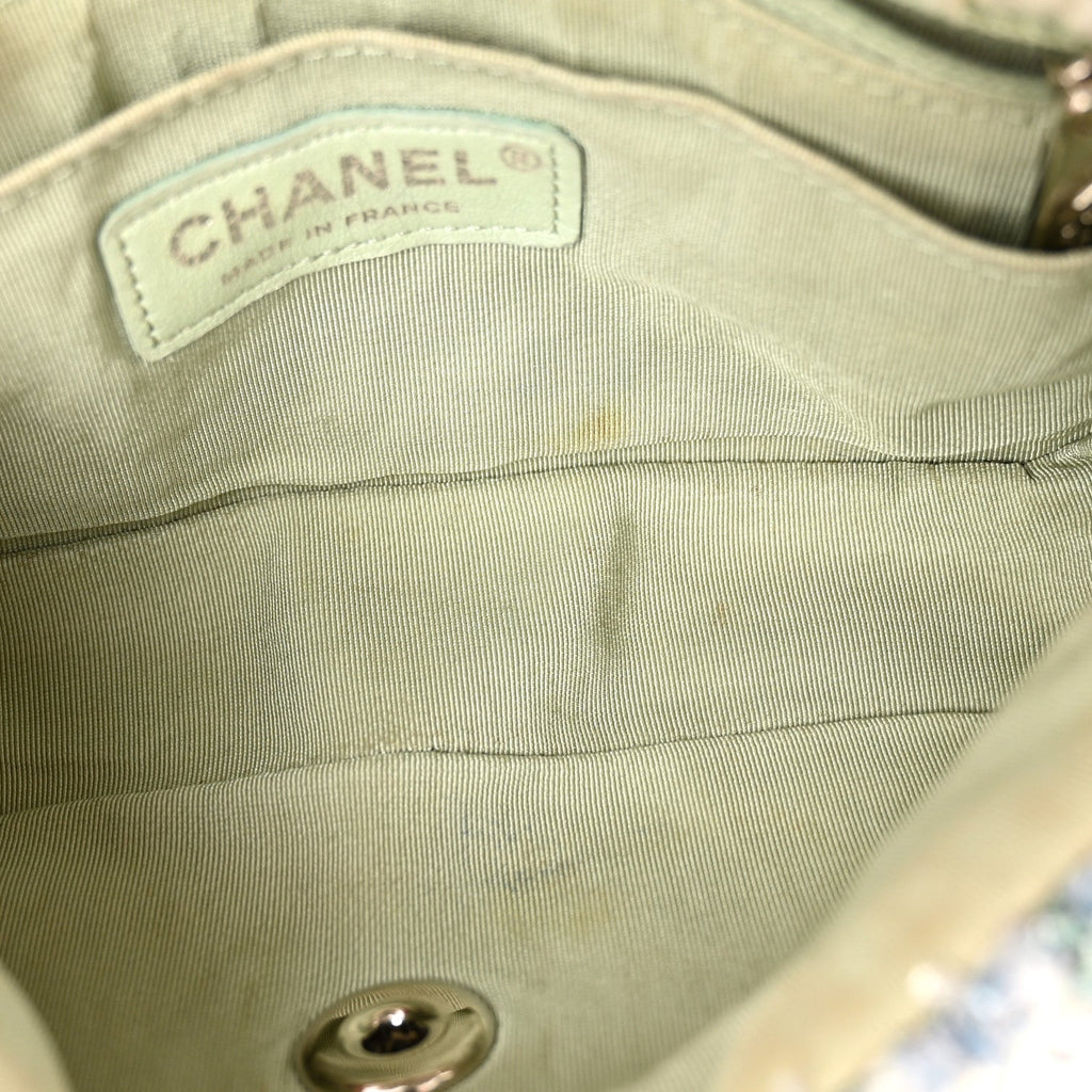 Chanel Tweed Quilted Mini Rectangular Flap Light Green Silver White